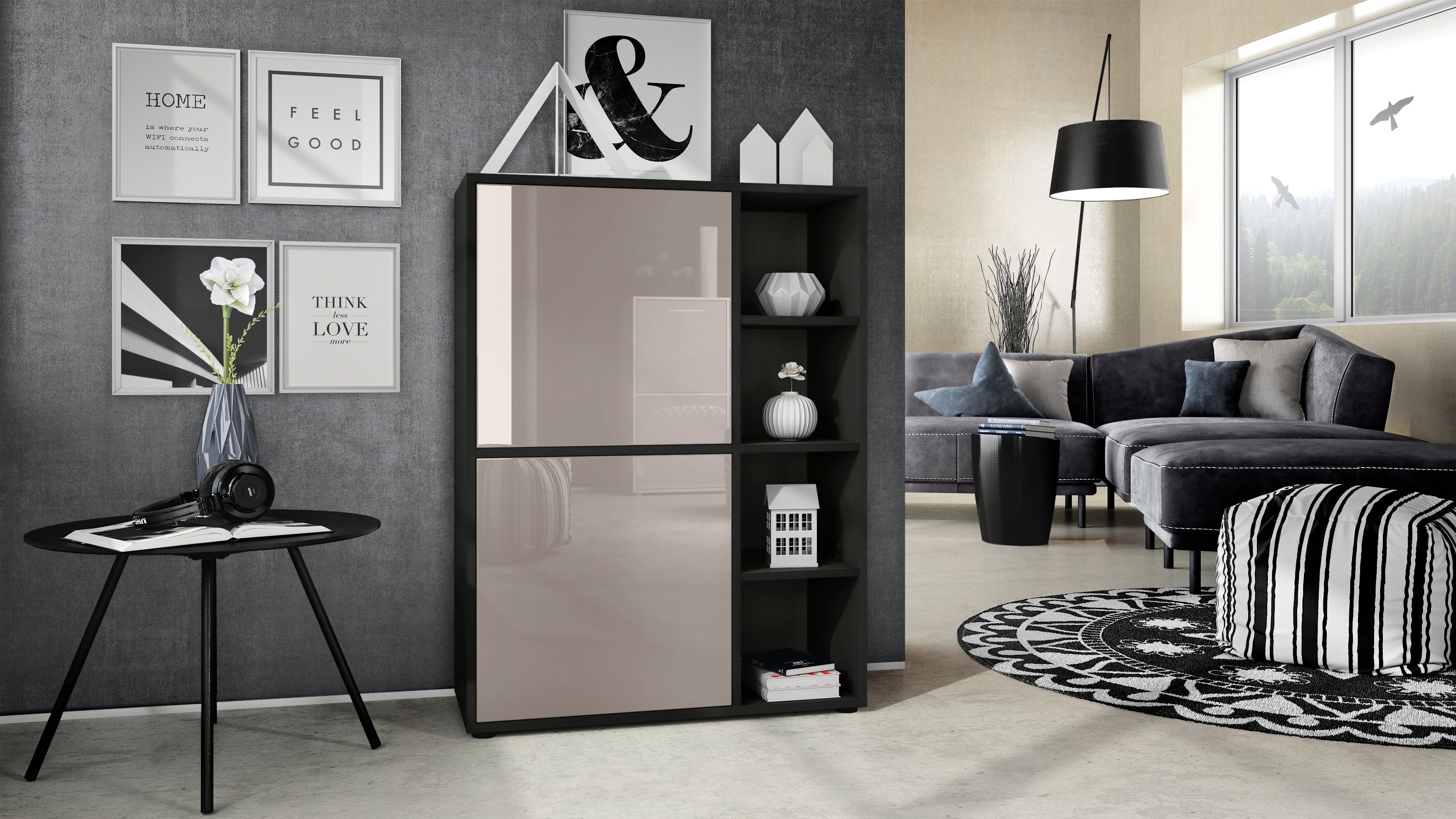 Vladon Highboard Cuba (Anrichte, mit 2 Türen und 4 offene Fächer), Schwarz günstig online kaufen