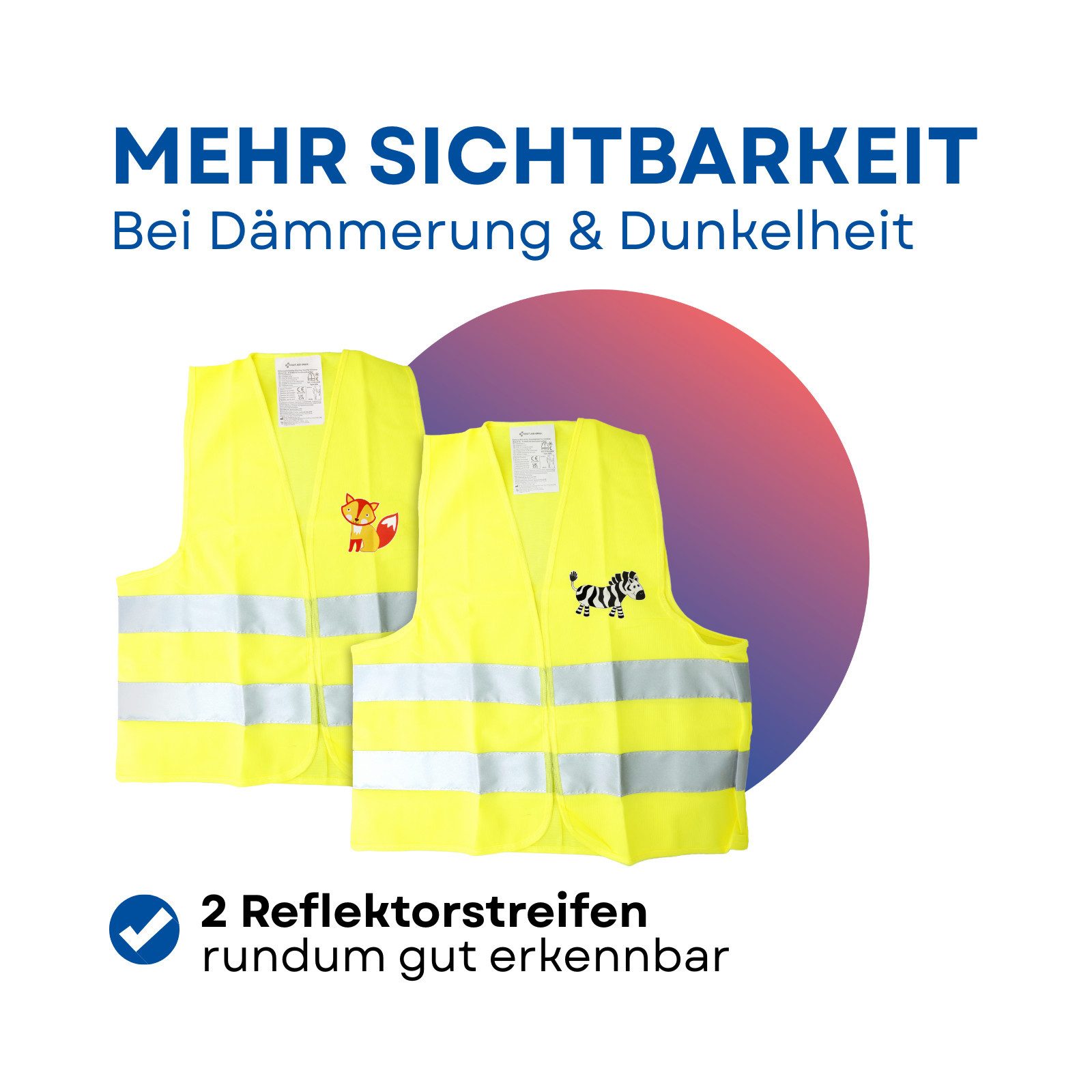 FIRST AID ONLY® Warnweste Kinder Warnweste Duo Set Fuchs & Zebra Sicherheitsweste 3-8 Jahre (2-tlg) Gemäß EN 17353:2020