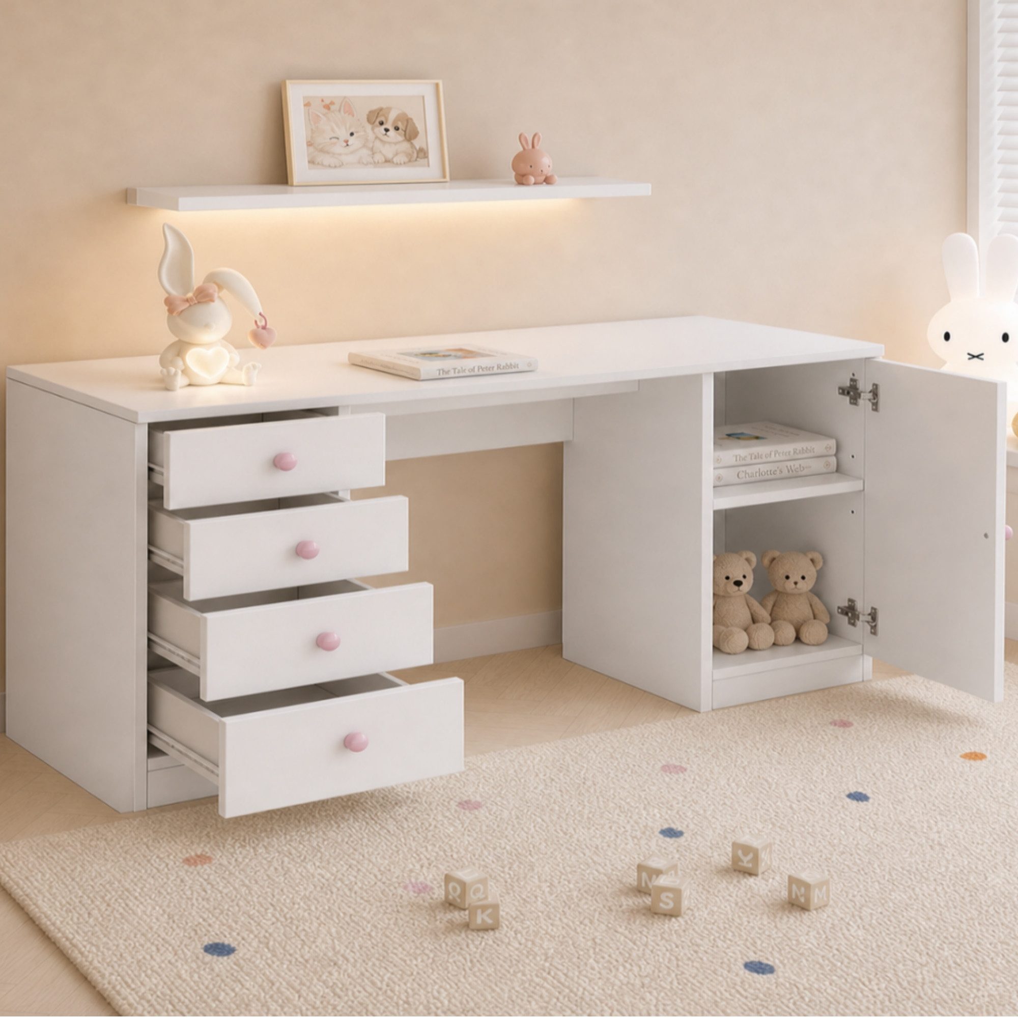OKWISH Kinderschreibtisch Lerntisch mit 4 Schubladen & Ablagefach (Packung, 1-St., Weiß, 155×45×75 cm, für Kinderzimmer), rosa Keramikgriffe, stabil, viel Stauraum