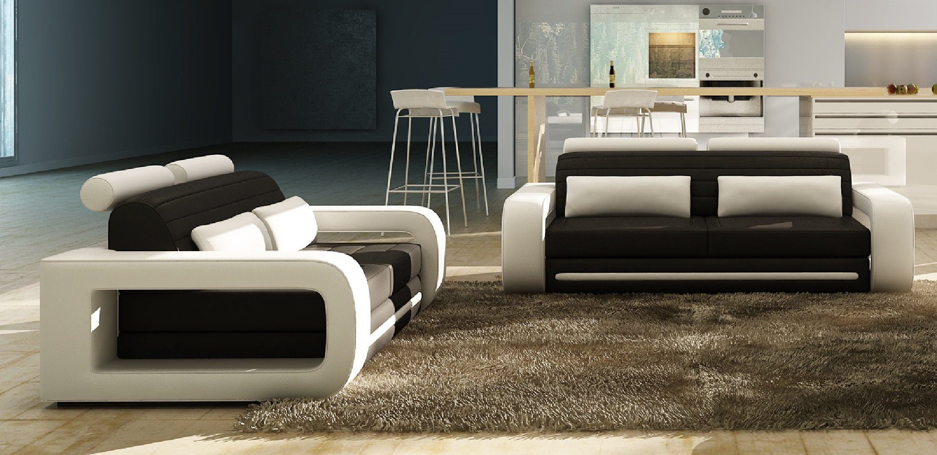 Sitzer Sofa Neu, 3+2 Weiß-schwarze Design in Made JVmoebel Europe Wohnlandschaft Ledersofas