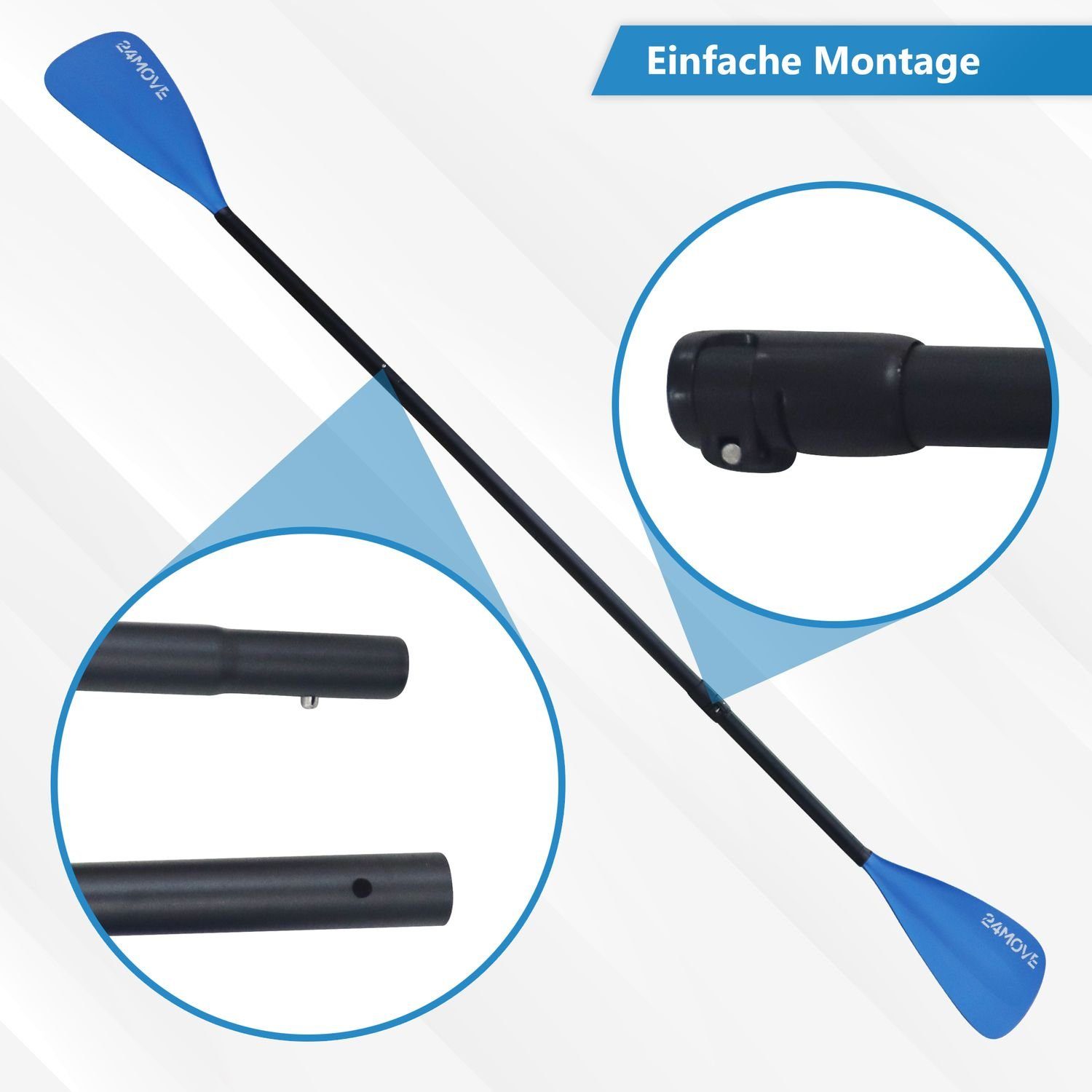 24Move Doppelpaddel, Premium Stand Up Paddle Aluminium, verstellbar, 4-teilig SUP-Paddel, (2 in 1 Paket, als Einzelpaddel oder Doppeltes Paddel, blau), für Paddelboards, Kajakboot und Ruderboot, universell einsetzbar