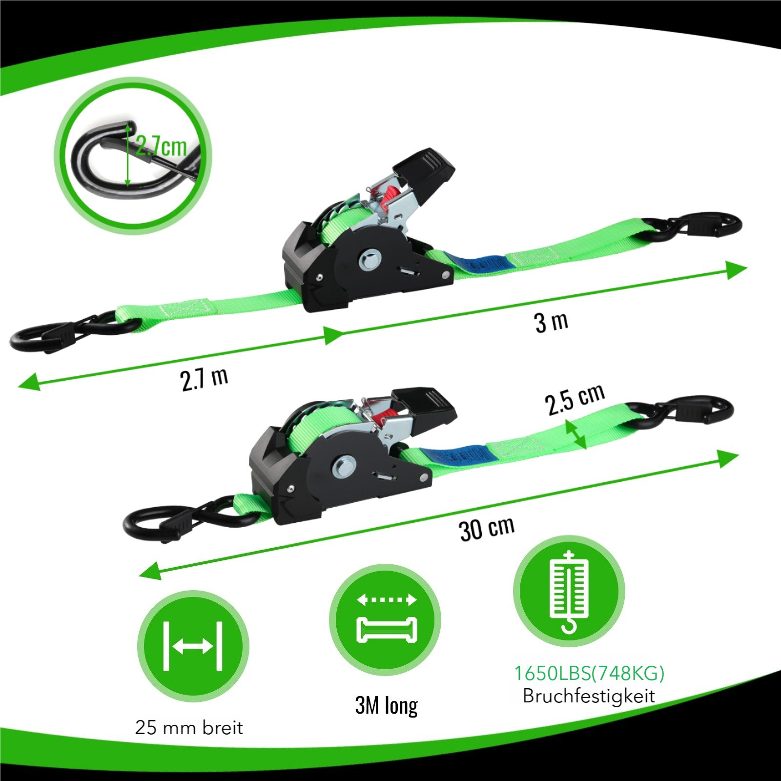 TLGREEN Spanngurt Automatik Spanngurte mit S Haken, (2-St., 3 m x 25mm, Selbstaufrollende Spanngurte mit S Haken) 748kg Bruchfestigkeit,für LKW, Anhänger, Motorrad, Fahrrad & Mehr