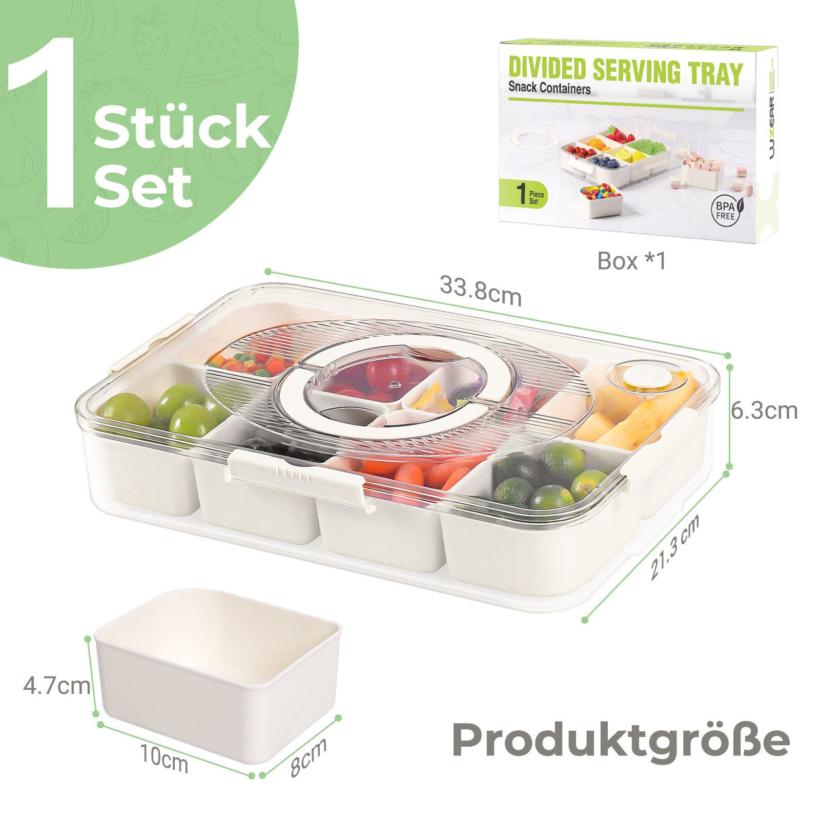 Elegear Vorratsdose Snackbox mit 8 Fächern, Snackteller mit Deckel und Griff, Snackschale, Polypropylen, (1-tlg., 1x Snackbox mit Deckel und Griff), Snackdose Organizer für Snacks Süßigkeiten Nüsse Obst Gewürze