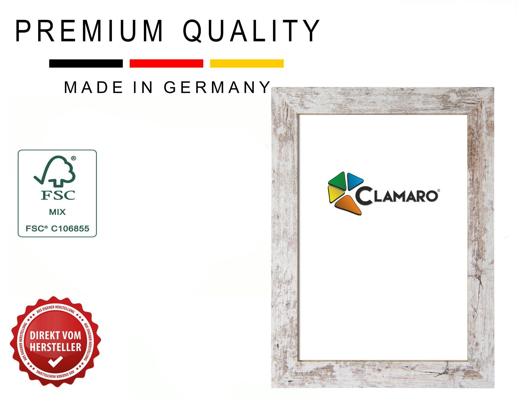 Clamaro Rahmen, Bilderrahmen CLAMARO 'Collage' DIN FSC® Holz MDF Rahmen inkl. Acrylglas, Rückwand und Aufhänger vintage weiss