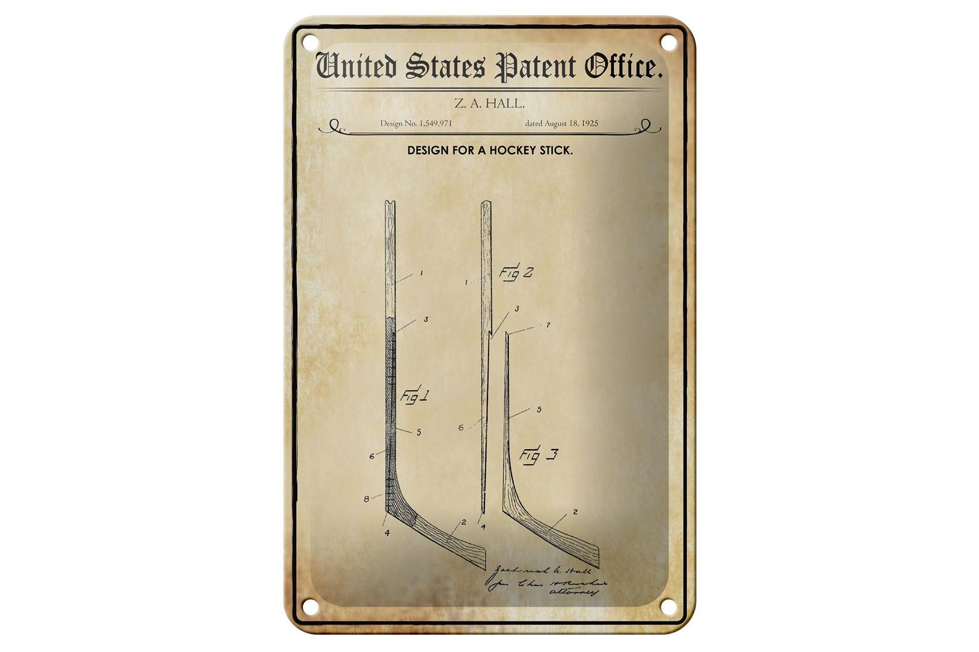 Femer GmbH Metallschild Patent 12x18 cm Entwurf für einen Hockey-Schläger, (1 St), gewölbte Oberfläche, abgerundete Ecken, umgeschlagene Kanten