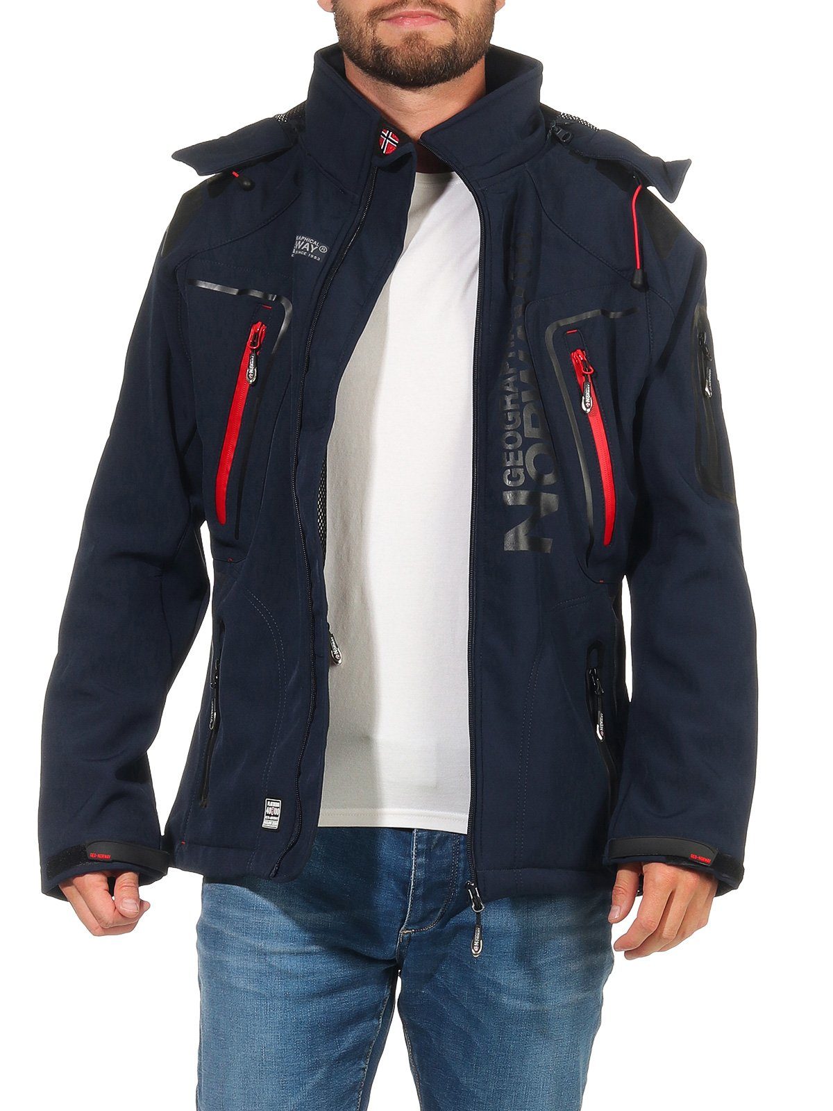 Geographical Norway Softshelljacke Herren Softshell Wander Sport Übergangsjacke Trekking Jacke in Unifarbe, mit abnehmbarer Kapuze, mit Stehkragen