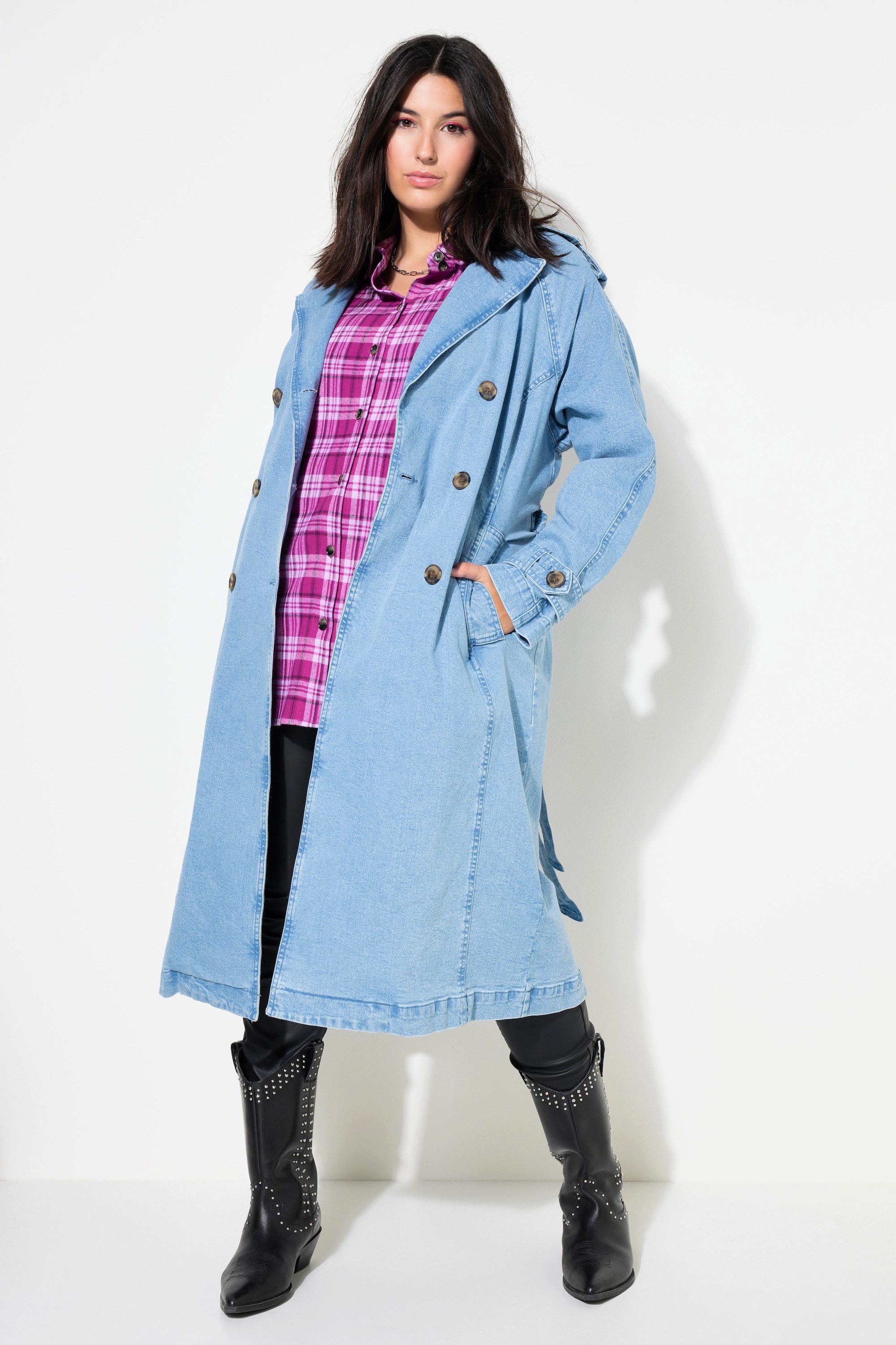 Wintermantel Jeans-Trenchcoat A-Linie Revers Bindegürtel