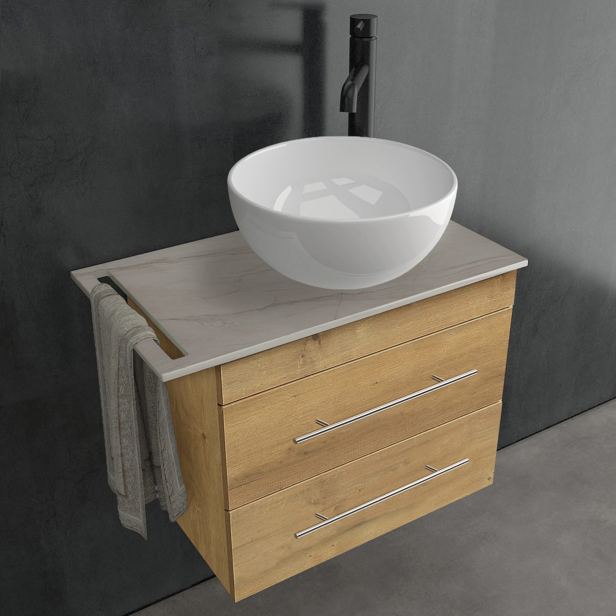 Alpenberger Badmöbel-Set Gäste WC Waschbecken mit Unterschrank – hängender Waschtisch 60 cm, Badmöbel 60 cm, Eiche Natur, Montblanc Platte