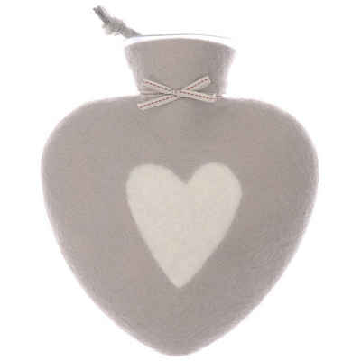 Dorothee Lehnen Wärmflasche mit Bezug aus 100% Merinowolle in Herzform; Herzwärmflasche in Nebel (Grau) mit weißem Herz Motiv; Made in Germany