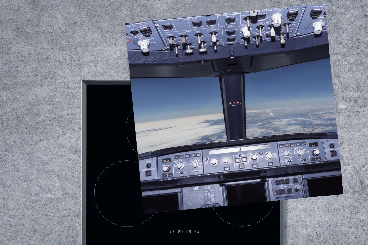 - (1 Herdblende-/Abdeckplatte MuchoWow - Wolken Cockpit Arbeitsplatte für tlg), 78x78 Ceranfeldabdeckung, küche cm, Vinyl, Flugzeug,