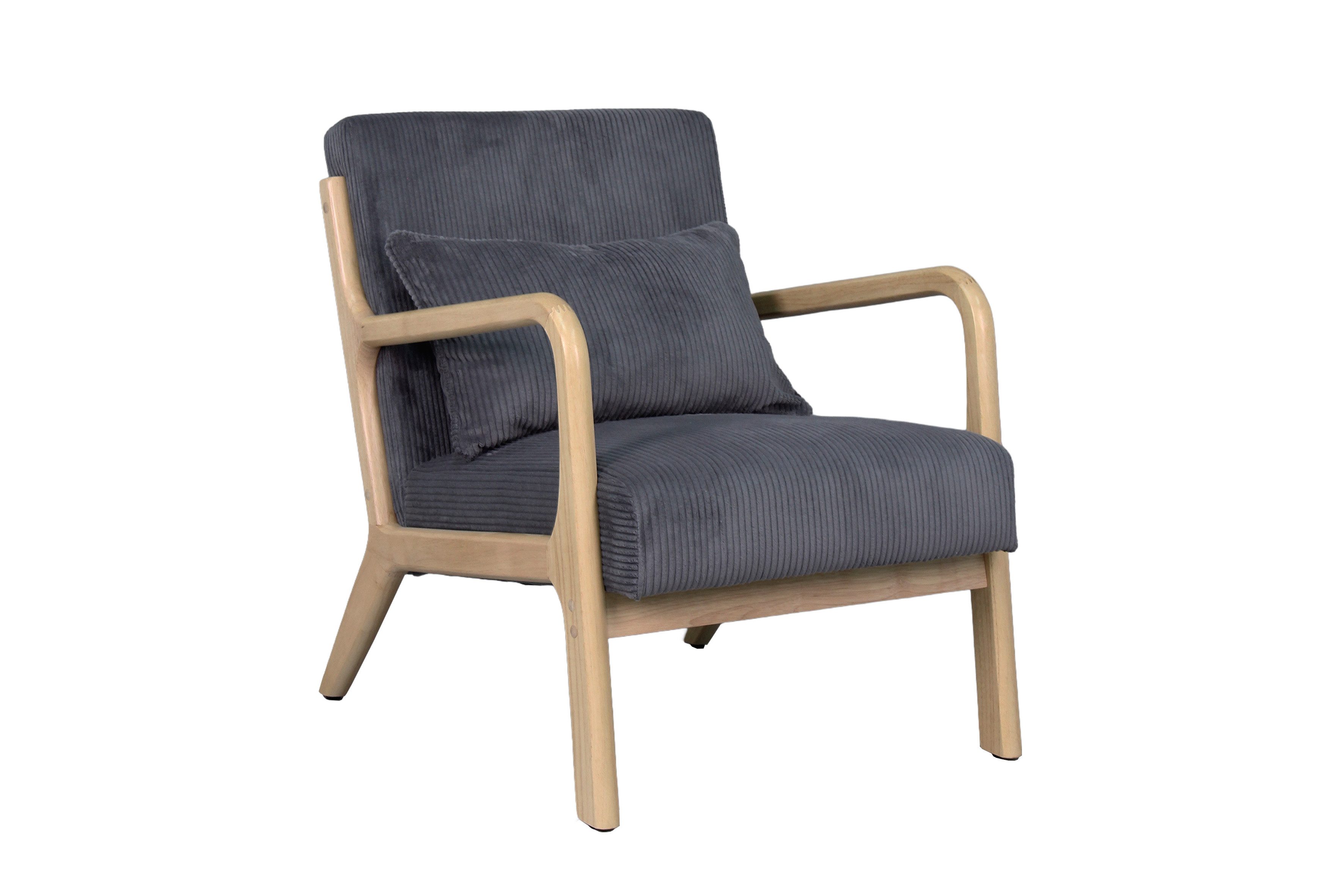 byLIVING Sessel NOHR (Sessel), Grob-Cord grau, Gestell Rubberwood natur, Separates Zierkissen