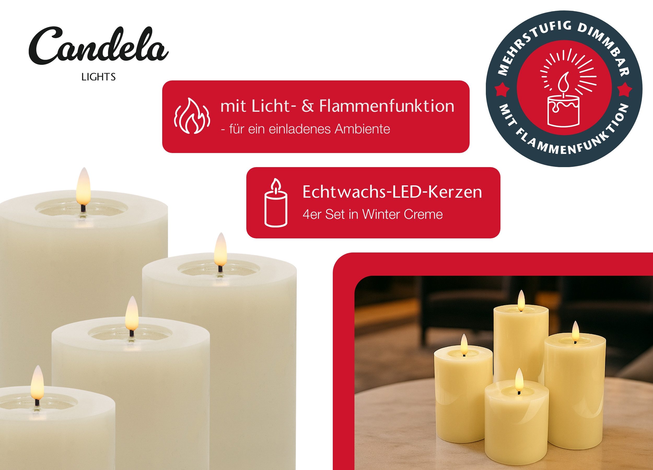 LC Home LED-Kerze Candela Lights LED Kerzen Echtwachs 4erSet mit Fernbedienung Batterien (Komplett-Set), LED Kerzen mit Timerfunktion Fernbedienung Dimmbar – Bild 5 von 5