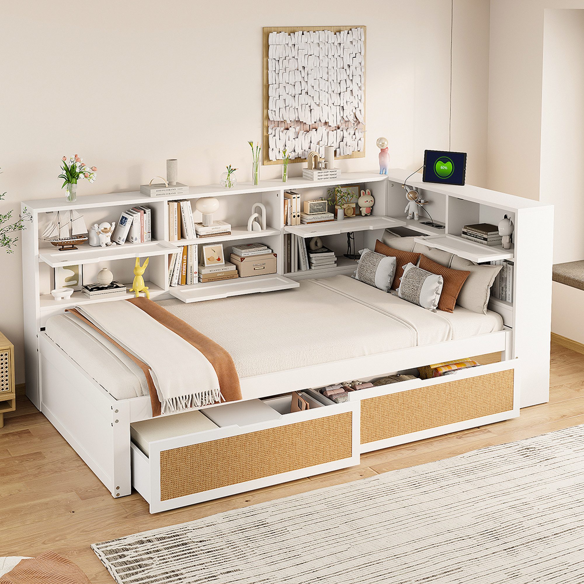 STILVORA Stauraumbett Jugendbett 90×200 Kinderbett mit Schubladen,Bettgestell Holzbett (aus Massivholz mit Stauraum & Ladeanschlüssen, Einzelbett für Gästezimmer, platzsparend mit Schubladen 90x200cm, 90x200cm), ohne Matratze