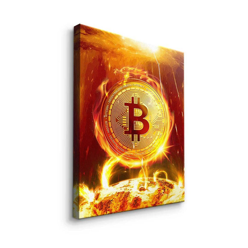 Rahmen - on DOTCOMCANVAS® Trading - Bitcoin Leinwandbild Fire, Bitcoin Fire Motivatio Premium - silberner on - Crypto Leinwandbild