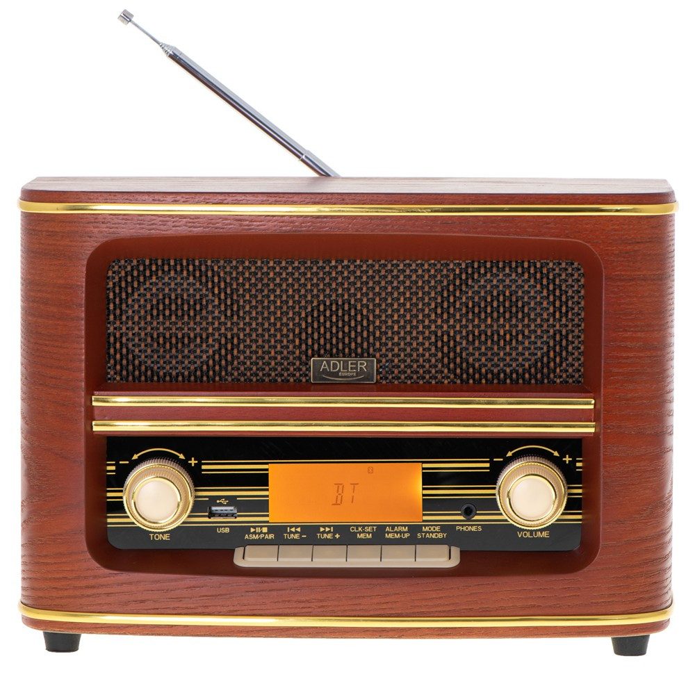 ADLER EUROPE AD 1187 Vintage Design Radio mit Bluetooth Retro-Radio (FM-Radio, Kopfhöreranschluss, AUX-Eingang, Bluetooth, USB-MP3-Wiedergabe, Wecker, Uhr, Sleep Timer, LCD-Display, Stereo Lautsprecher, Braun)