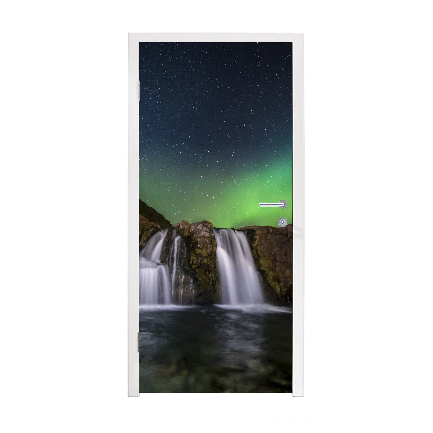 MuchoWow Türtapete Nordlicht - Wasserfall - Island - Natur, Matt, bedruckt, (1 St), Fototapete für Tür, Türaufkleber, 75x205 cm