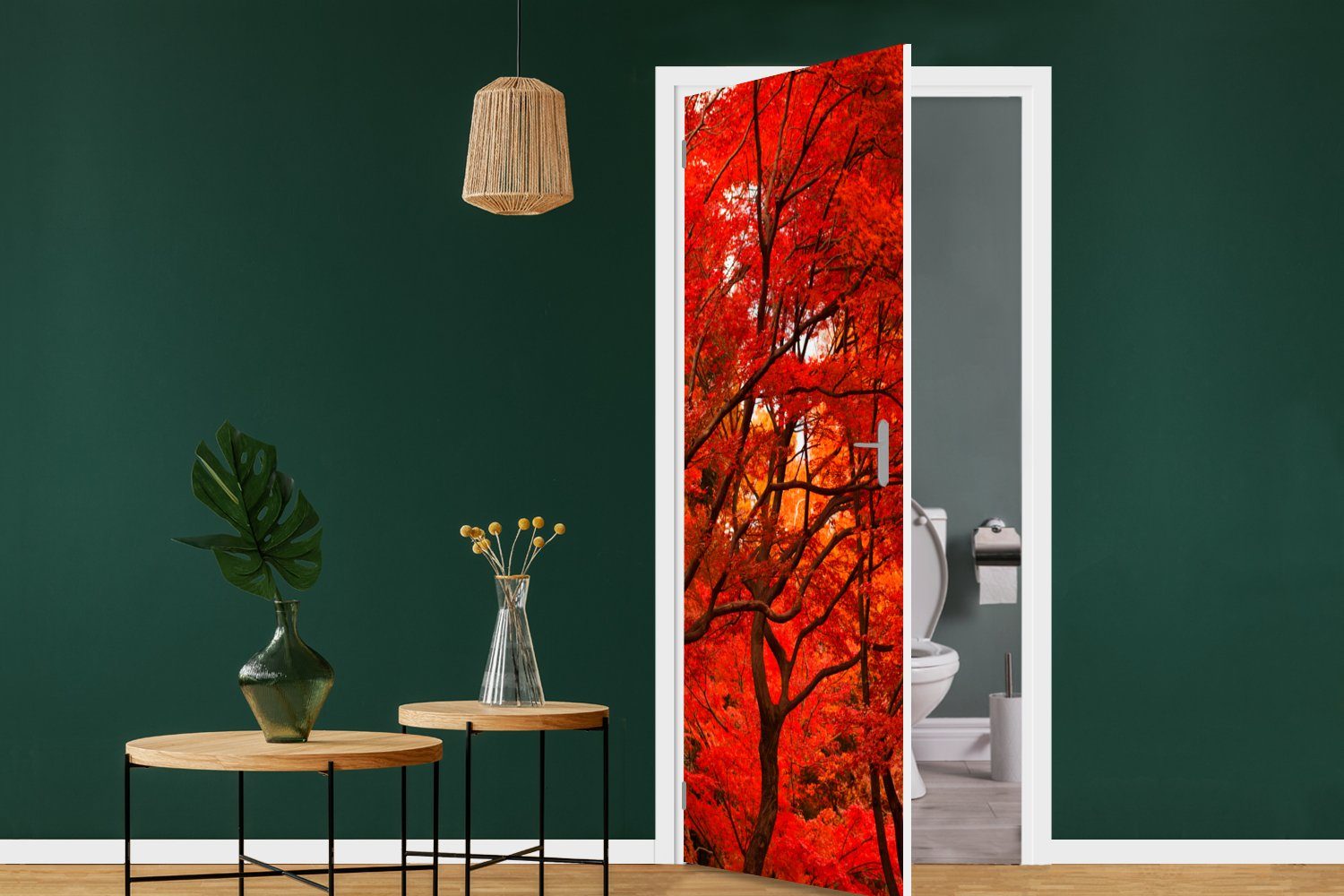 MuchoWow Türtapete bedruckt, Wald Türaufkleber, cm Matt, - 75x205 - Fototapete Tür, für Herbst St), Rot, (1