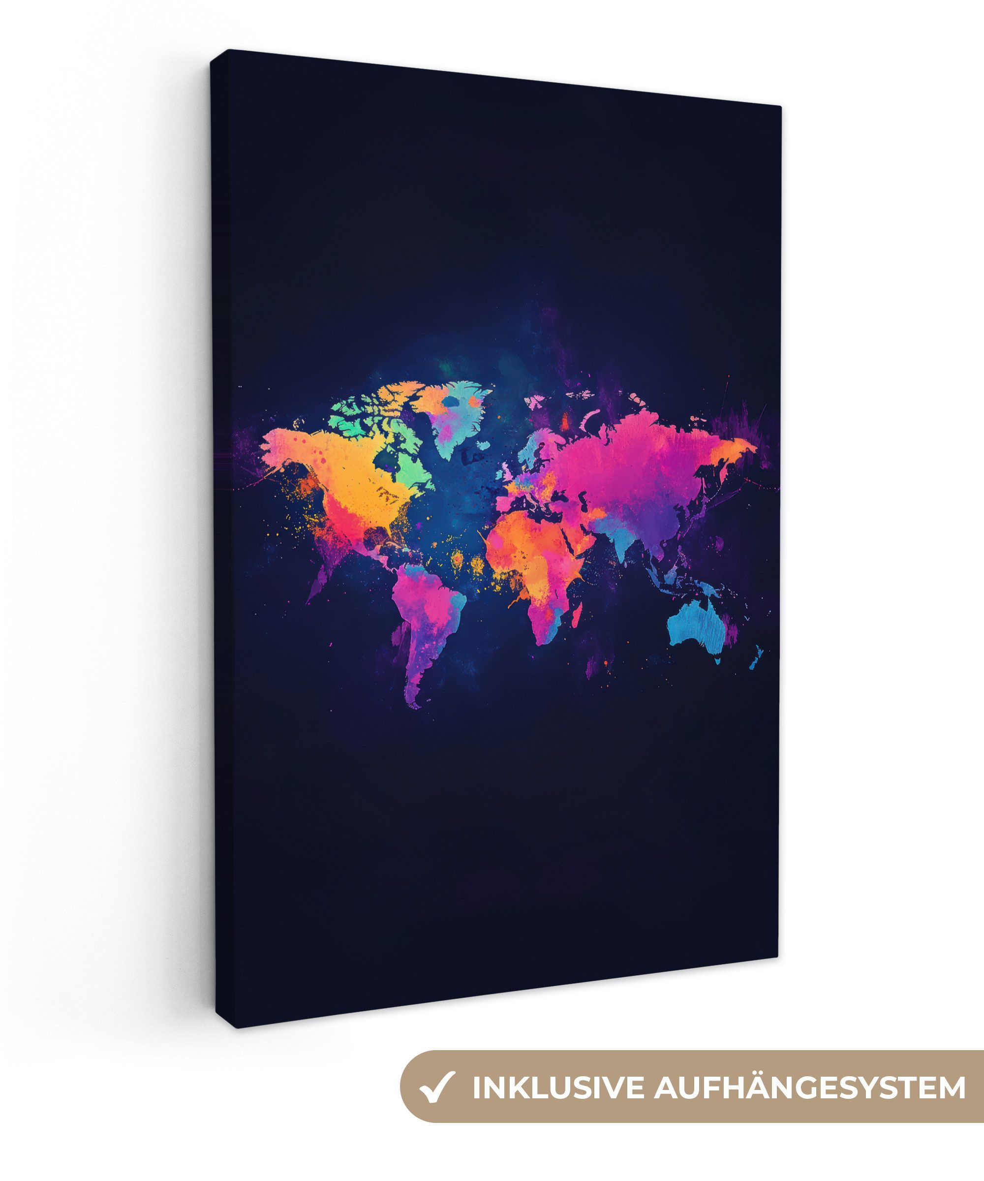 OneMillionCanvasses® Leinwandbild Weltkarte - Bunt - Graffiti, Fotodruck (1 St), Leinwand Canvas Wandbild, Wanddekoration 20x30 cm