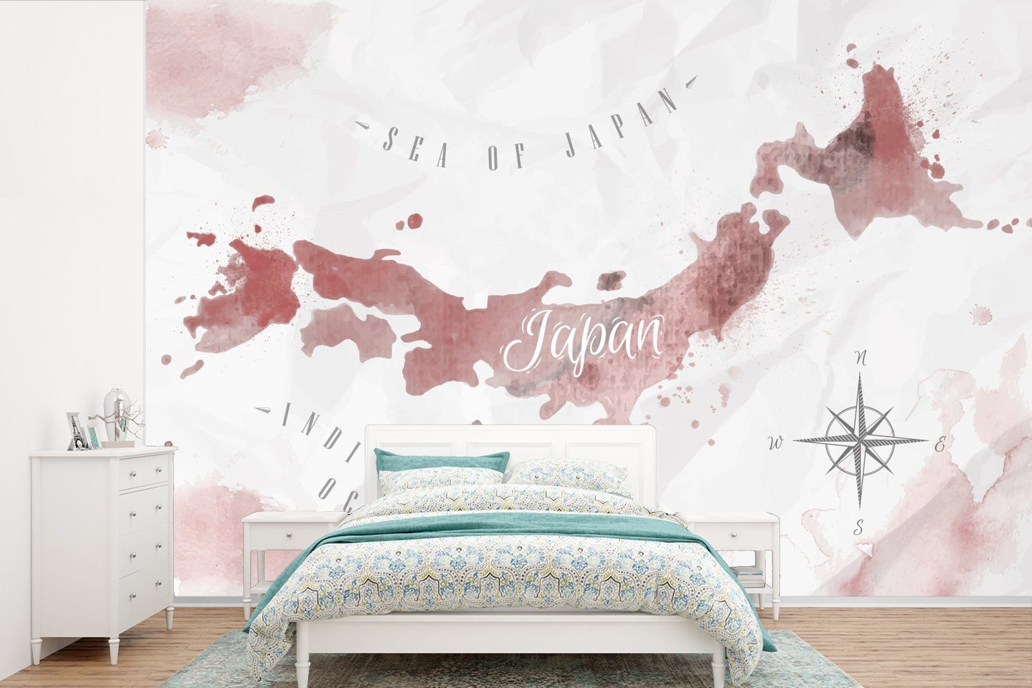 MuchoWow Fototapete Karte - Japan - Aquarell - Rot, Matt, bedruckt, (6 St), Wallpaper für Wohnzimmer, Schlafzimmer, Kinderzimmer, Vinyl Tapete
