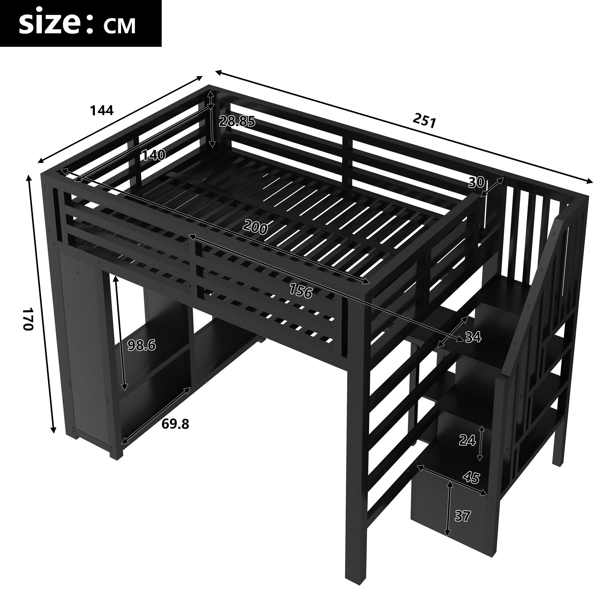 Merax Hochbett mit LED-Beleuchtung & USB-Anschluss (Kinderbett Jugendbett, 1-St) Metallbett 140x200cm mit Schreibtisch Kleiderschrank Treppe Stauraum – Bild 4 von 5