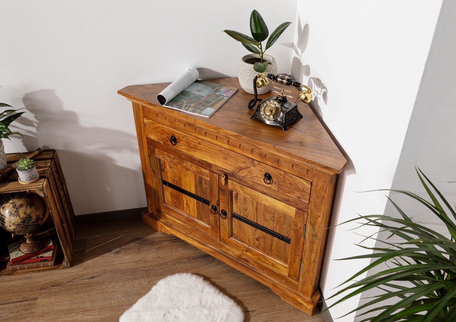 Massivmoebel24 Kommode OXFORD (Massivholz), Eckkommode Akazie 107x54x80 honig  lackiert OXFORD #0505