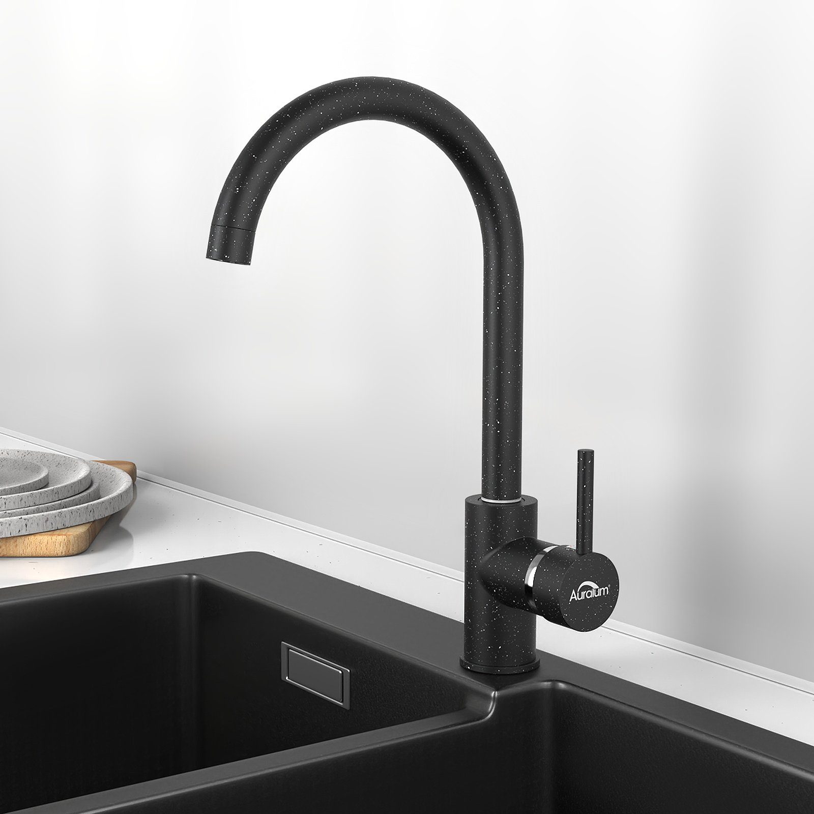 Auralum Küchenarmatur Drehbar Armatur,Schwarz 360° Küche Mischbatterie Hochdruck Küche Wasserhahn
