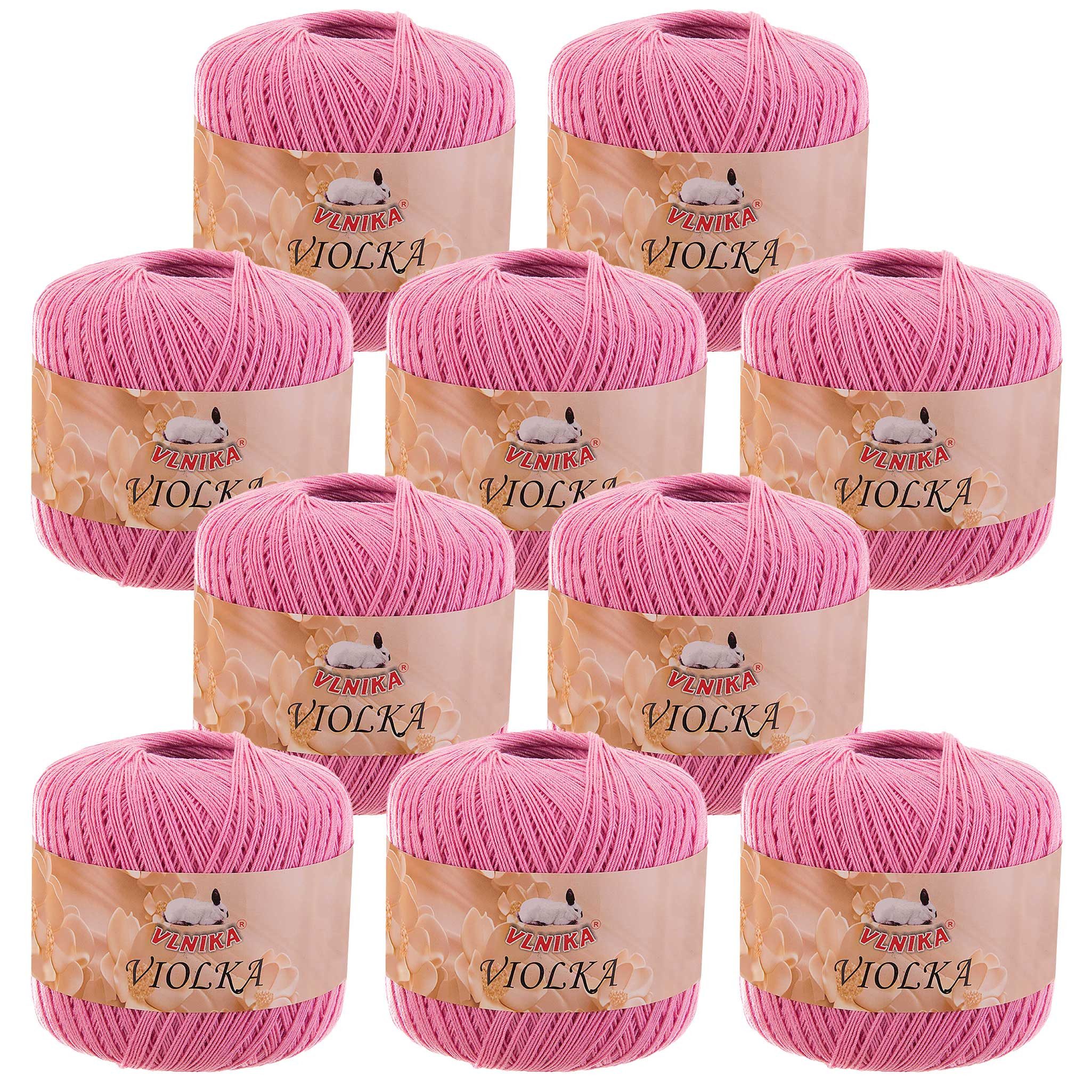 maDDma 10 x 50g Violka Häkelgarn recycelte Baumwolle Klassikgarn Filetgarn Häkelwolle, 285 m (Sparpaket, 10 Knäuel je 50 g), rosa