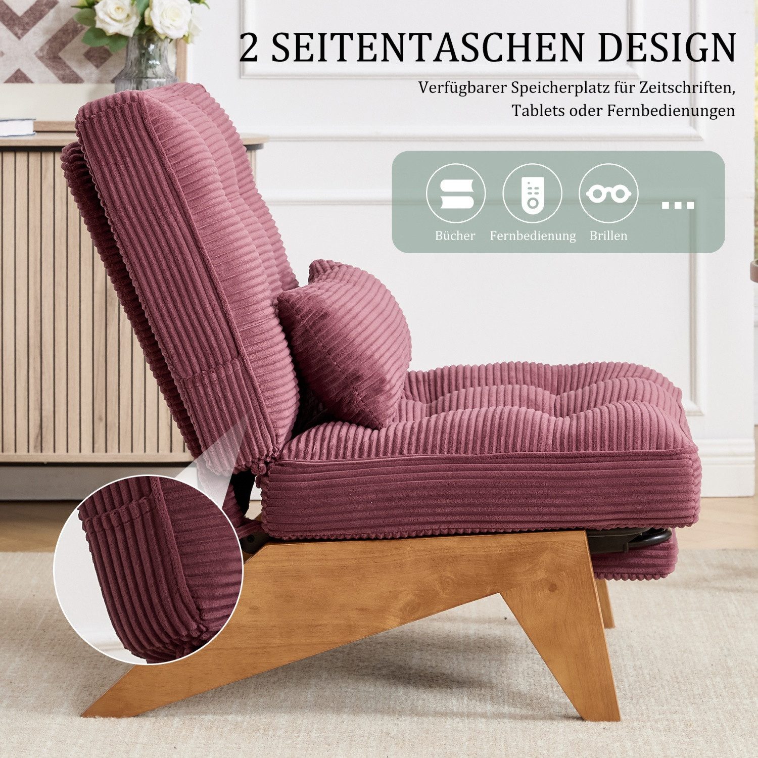 ANYSUN Loungesessel Relaxsessel aus Kord,mit Fußstütze & Lendenkissen (verstellbare Rückenlehne, integrierte ausziehbare Fußstütze, 1-St), für Wohnzimmer/Schlaf – Bild 5 von 5