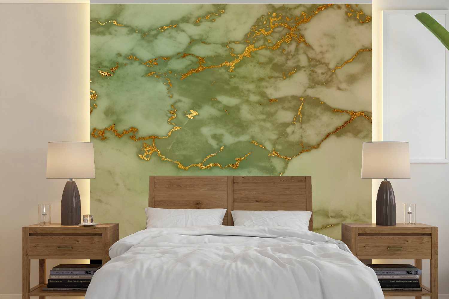 MuchoWow Fototapete Marmor - Muster - Grün - Gold, Matt, bedruckt, (5 St), Vinyl Tapete für Wohnzimmer oder Schlafzimmer, Wandtapete