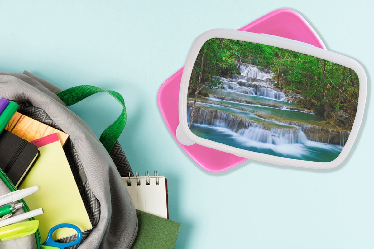 Kunststoff, Natur Snackbox, Kinder, Dschungel, Erwachsene, - - Wasserfall Bäume MuchoWow - rosa für Mädchen, Brotdose Kunststoff Brotbox (2-tlg), Lunchbox