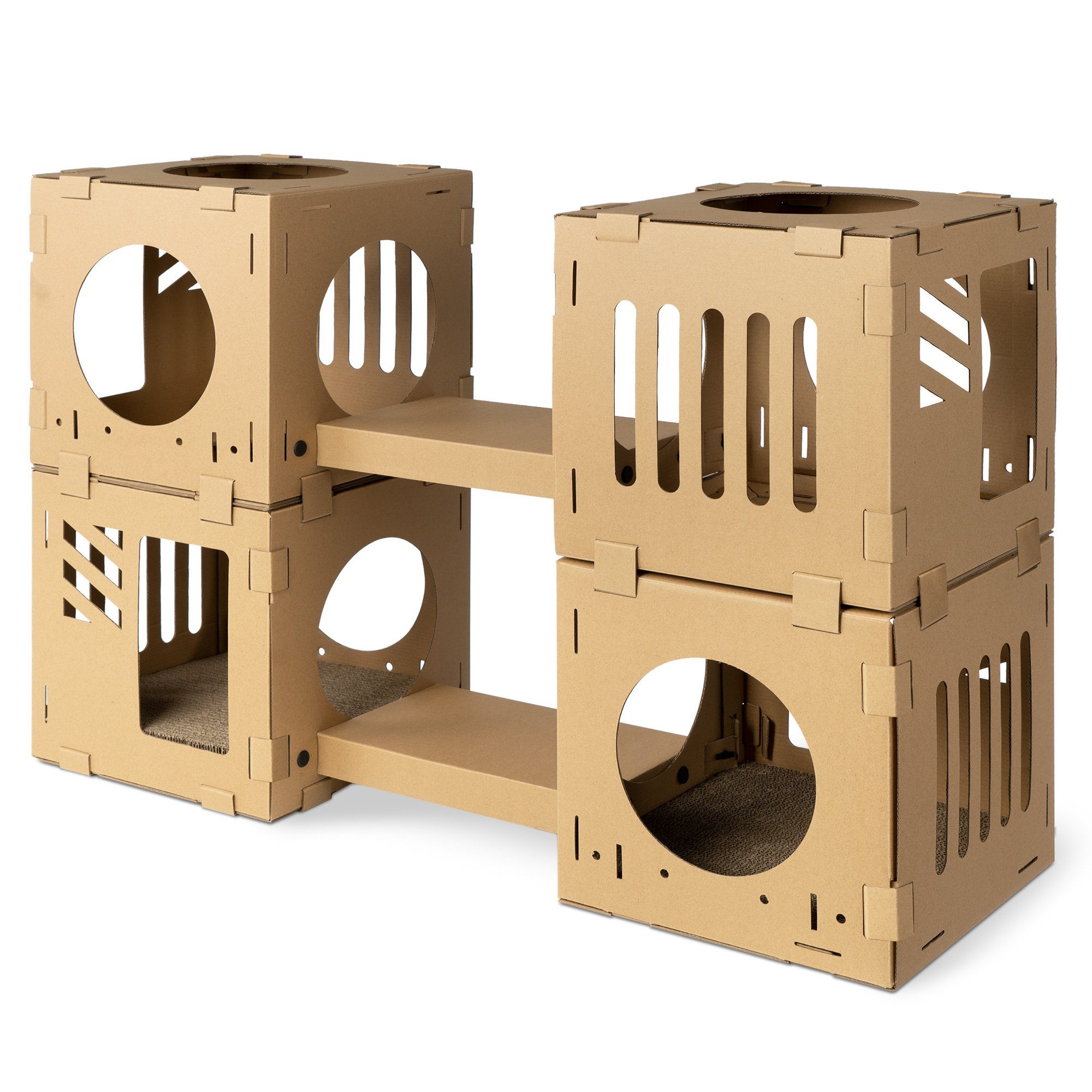 Navaris Kratzpappe, Katzentunnel aus Karton mit Kratzboards - 4tlg.  Katzenhaus aus Pappe zum Zusammenstecken - Papphaus für Katzen -  Katzenhöhle Haus Kartonhaus