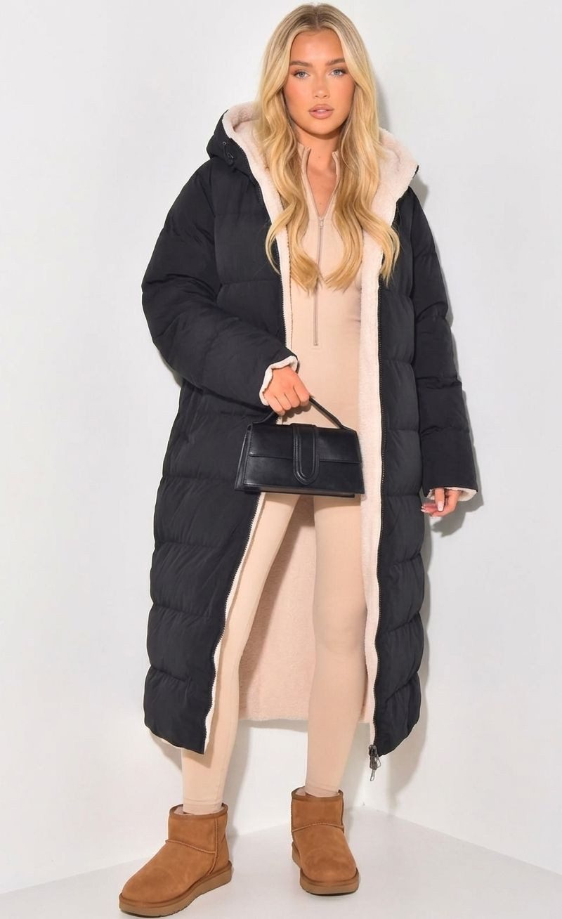 Copperose Winterjacke Wende-Wintermantel Oversized langer Stepp- und Teddyfell-Mantel 7591 mit Kapuze