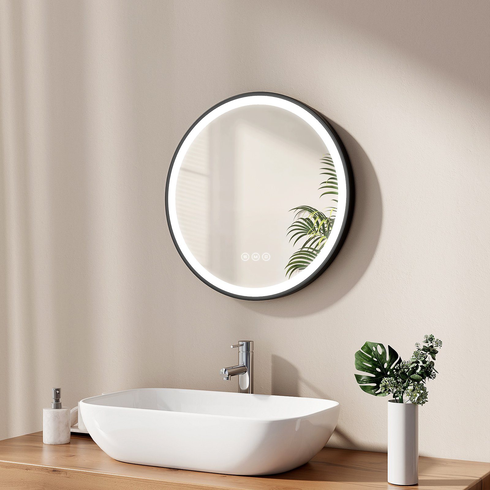 EMKE Badspiegel Antibeschlage Badezimmerspiegel mit Φ Memory-Funktion 3 schwarzem Lichtfarben Dimmbar, 50-80 cm Rahmen
