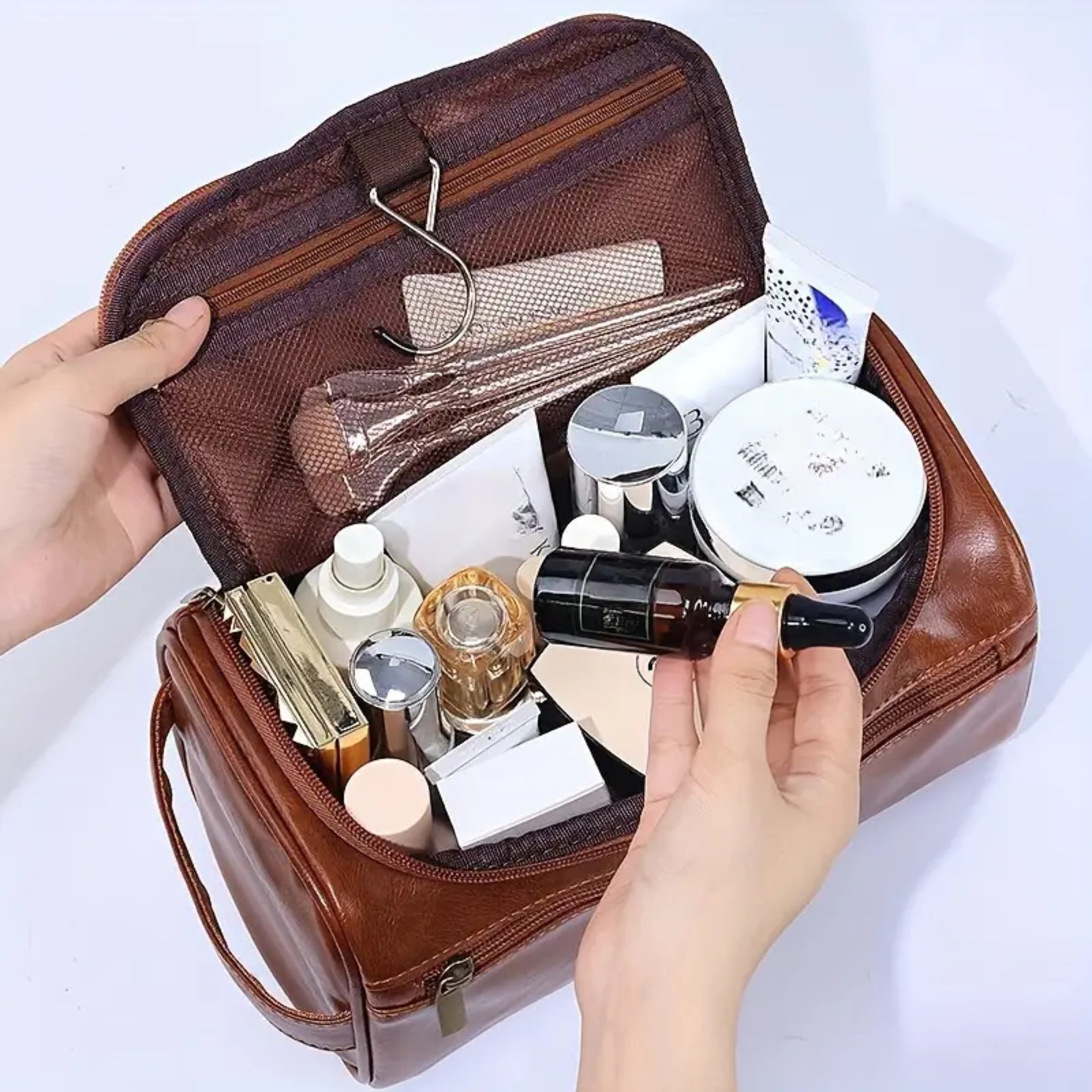 Renna Leather Kulturbeutel Kulturbeutel Leder Kosmetiktasche mit 2 Fächern für Reise