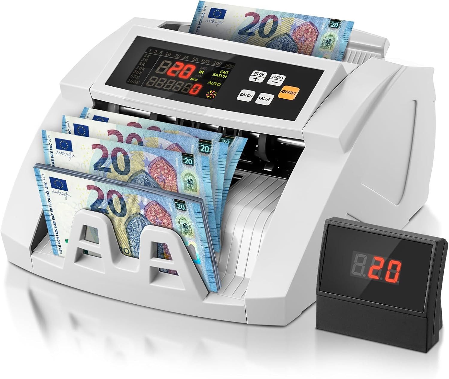 FOHERE Banknotenzähler Geldzählmaschine, mit UV/MG/IR/DD Fälschungserkennung, 1100 Blatt/min