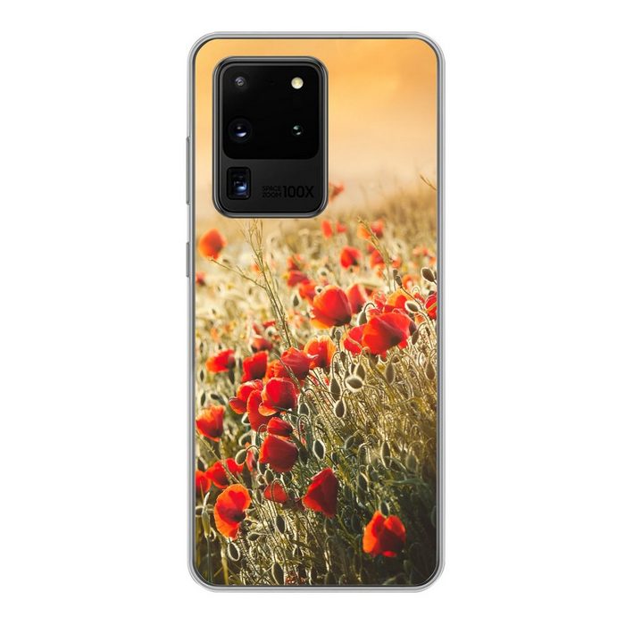 MuchoWow Handyhülle Sonnenstrahlen über einem Mohnblumenstrauß Phone Case Handyhülle Samsung Galaxy S20 Ultra Silikon Schutzhülle