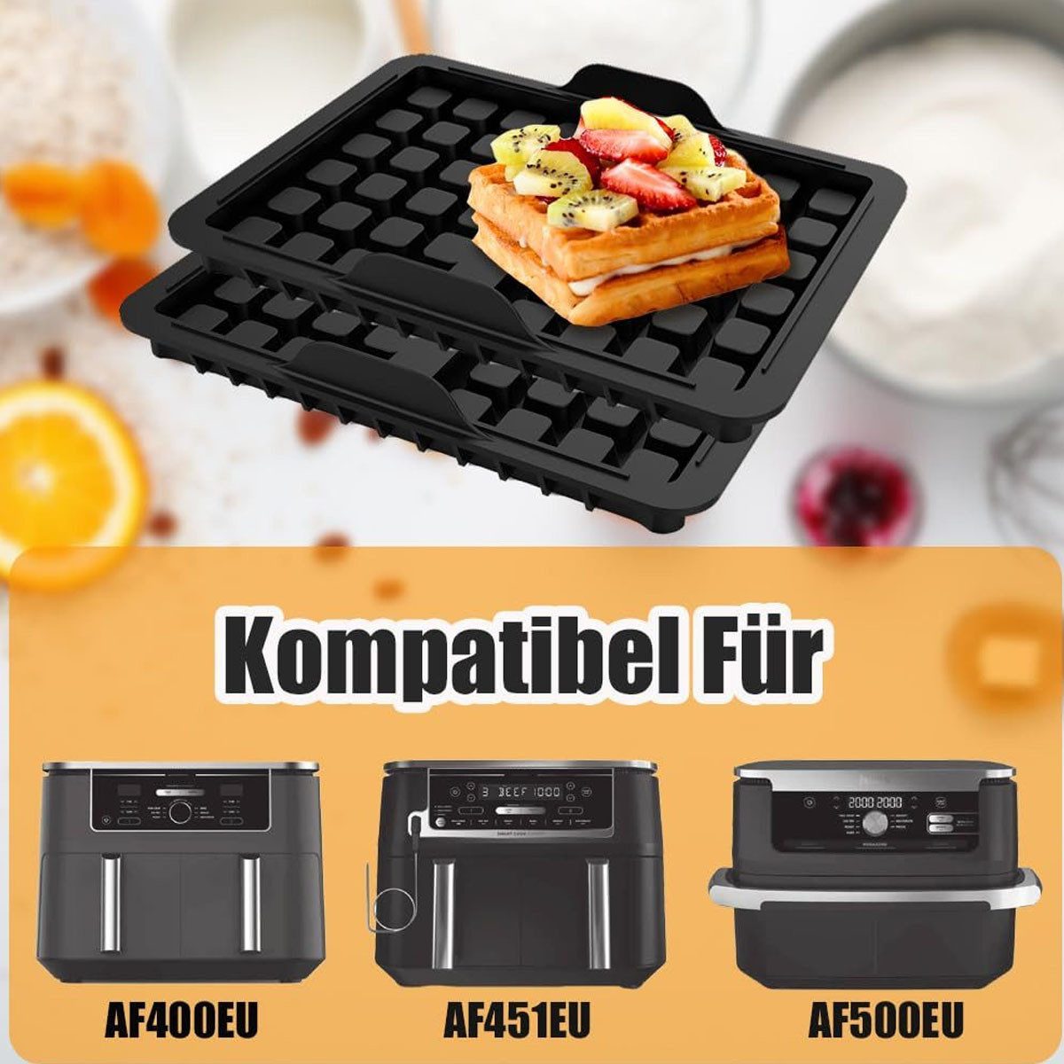 SURFOU Backform Waffelformen Waffel-Einsätze für Ninja Heißluftfritteuse – 2 Stück, (Heißluftfritteuse Zubehör - Backschaleneinsatz aus Silikon, Belgische Waffeleisen Silikon Zubehör, Hitzebeständige Waffelformen (bis 230°C) für Ninja AF300EU, AF400EU, AF451EU, AF500DE, SL400EU – Spülmaschinenfest & Antihaft 2-tlg), BPA-frei, Sicher, anglebig, antihafteigenschaften und geruchsneutral