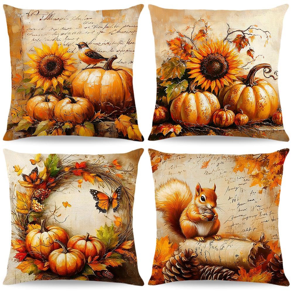Diwzbyn Kissenbezug 4 Stück Kürbis Kissenbezug Herbst 45x45cm Zierkissenbezüge, Sofakissen Bezug Kissenhülle für Wohnzimmer Sofa Garten Schlafzimmer