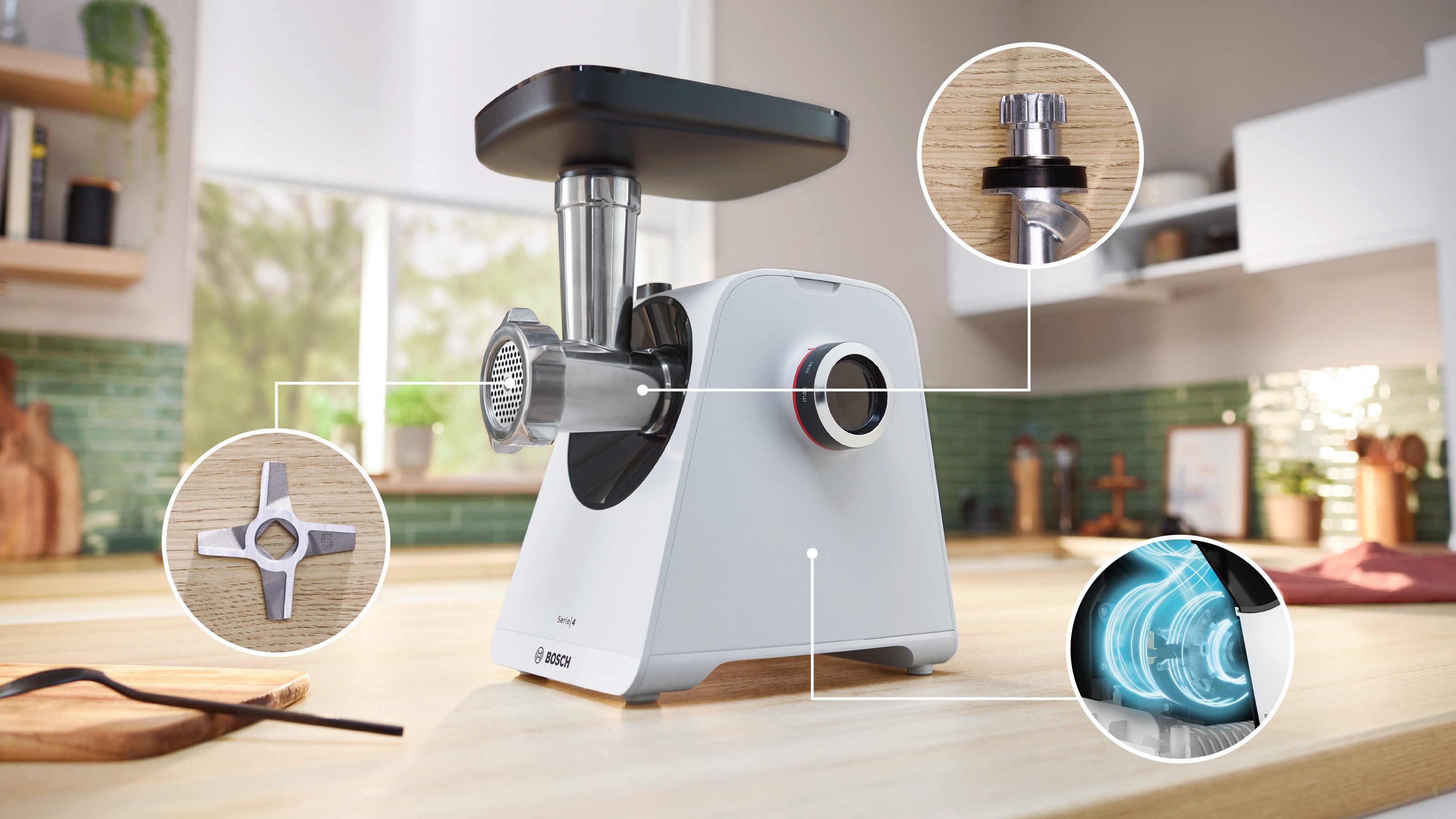 BOSCH Fleischwolf Serie 4 MFWS420W, 1900 W Blockierlei., 2 Flügel-Messer, 2 Stufen, weiß, 500 W, Metallkupplung, Wurststopfer, 10 J Motorgarantie, Rücklauffunktion