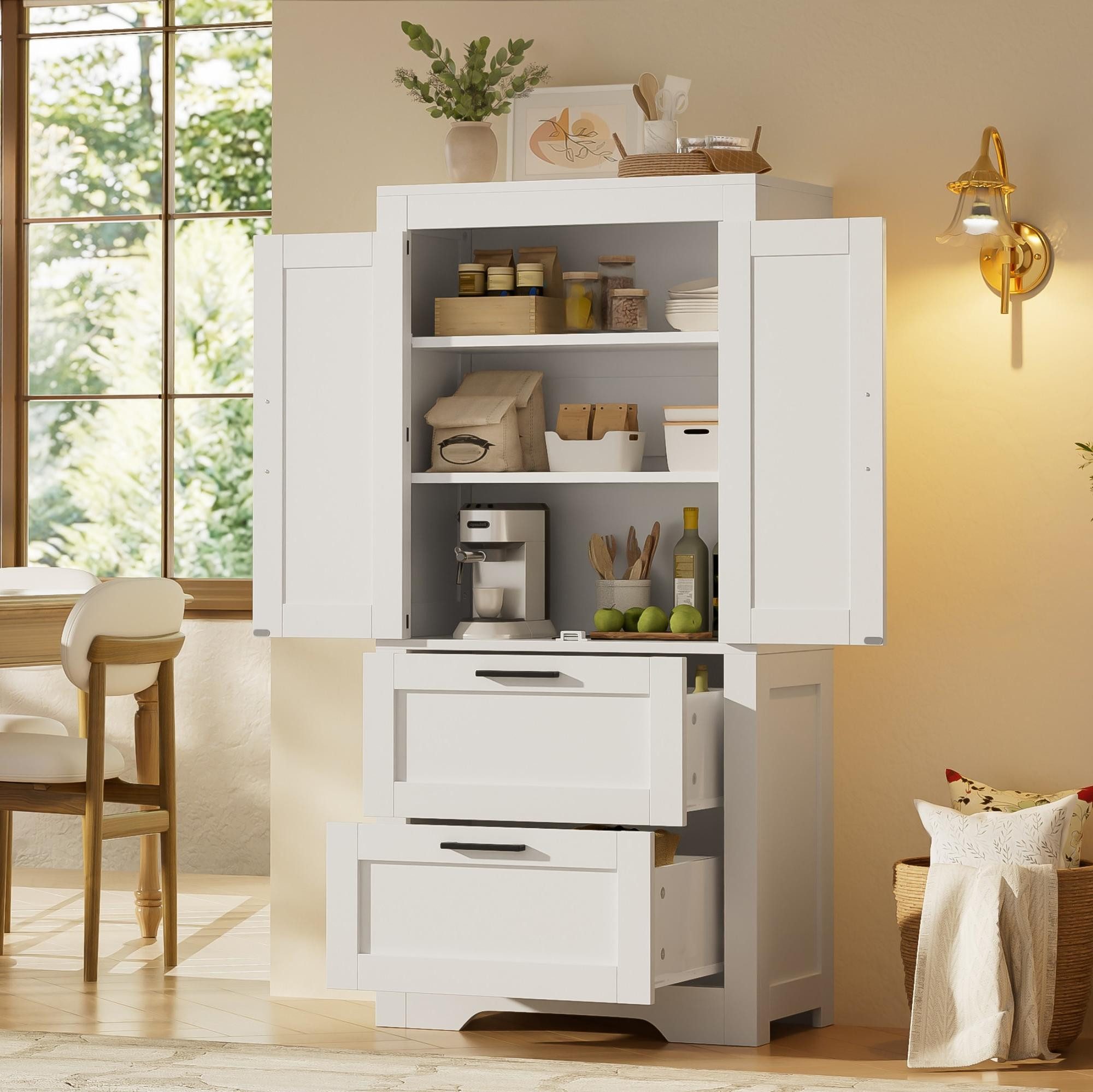 Flieks Hochschrank Küchenschrank Landhausstil, 2 Schubladen & verstellbaren Einlegeböden (60x30x128 cm, 1-St) multifunktionaler Mehrzweckschrank Scheunen-Design Weiß
