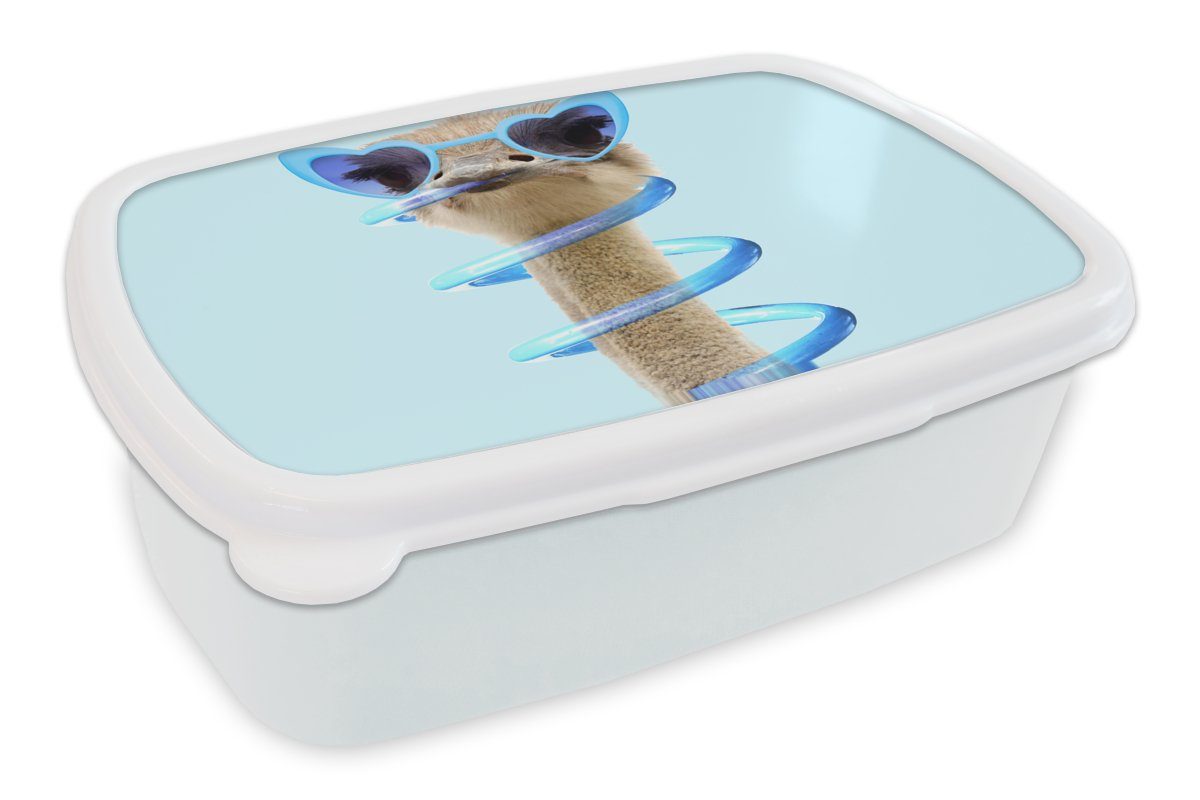 MuchoWow Lunchbox Strauß - Sonnenbrille - Blau - Tiere, Kunststoff, (2-tlg), Brotbox für Kinder und Erwachsene, Brotdose, für Jungs und Mädchen weiß