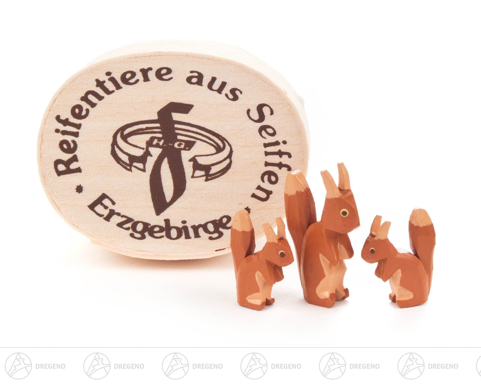 Dregeno Erzgebirge Räuchermännchen Reifentier Eichhörnchenfamilie in Spandose (3) Höhe ca 3 cm NEU