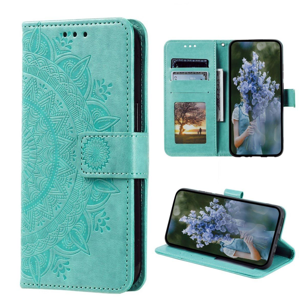 CoverKingz Handyhülle Hülle für Samsung Galaxy S23 Handyhülle Flip Case Cover Etui Mandala 15,5 cm (6,1 Zoll), Klapphülle Schutzhülle mit Kartenfach Schutztasche Motiv Mandala