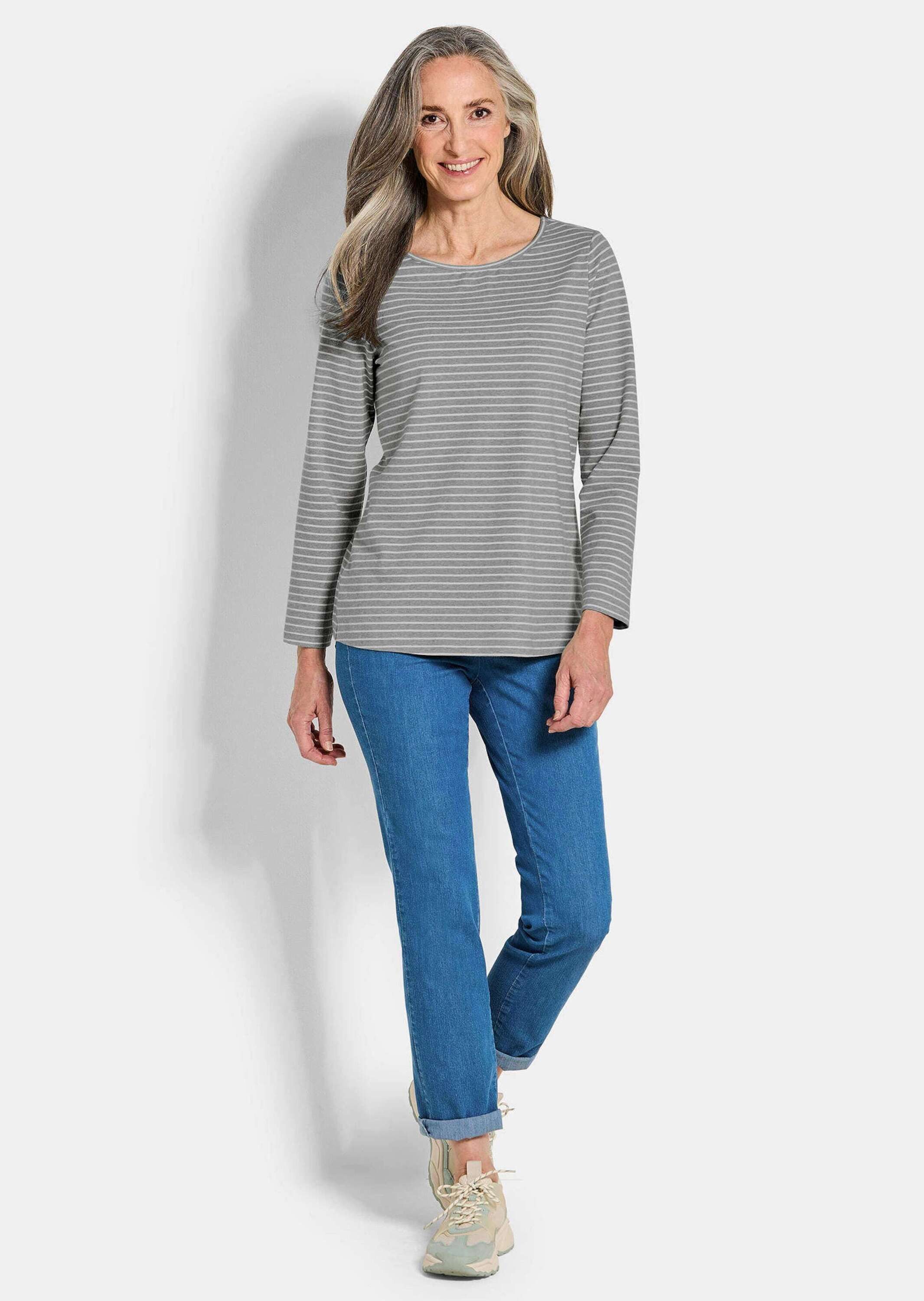GOLDNER Print-Shirt Kurzgröße: Langarm 3er-Baumwollshirt-Set Stilvolles Set an leichten Shirts mit U-Boot-Ausschnitt
