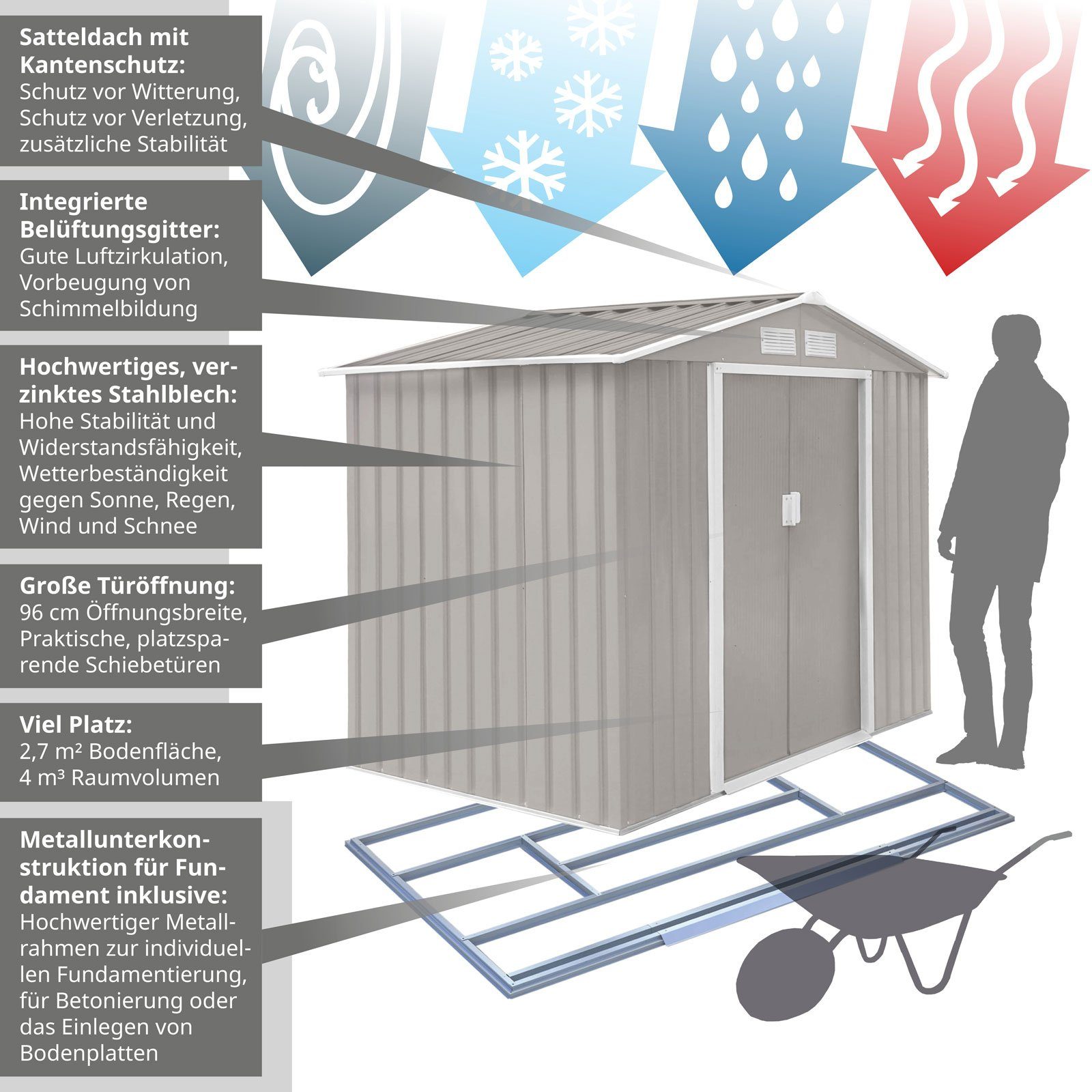 HATTORO Gartenhaus, BxT: 213,00x127,00 cm, Metall-Gerätehaus, Geräteschuppen, Fundamentahmen, S-Dach, Hellgrau