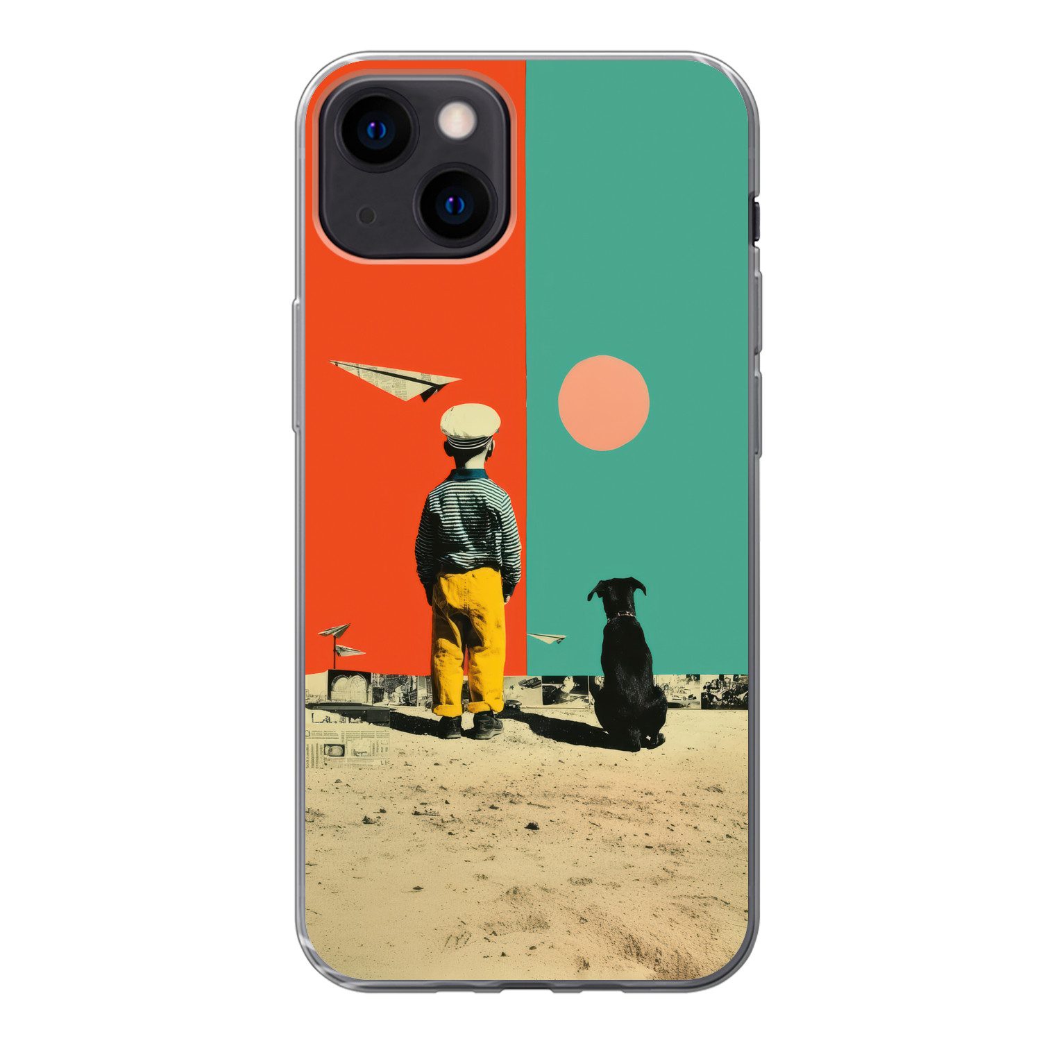 MuchoWow Handyhülle für Apple iPhone 13 Retro - Junge - Hund - Rot - Grün, Smartphone-Bumper, Print, Handy Schutzhülle Dünn