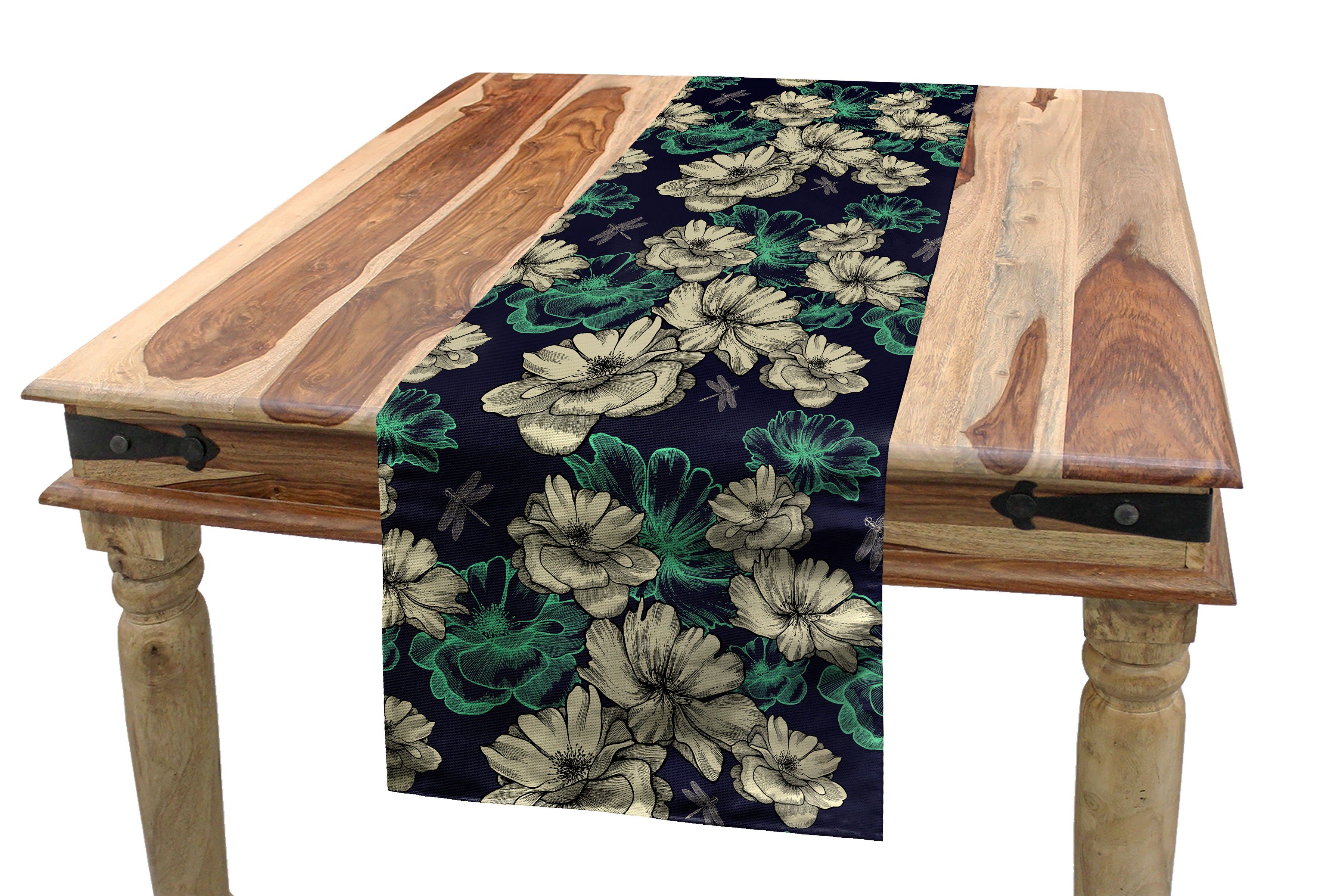Abakuhaus Tischläufer Esszimmer Küche Rechteckiger Dekorativer Tischläufer, Jahrgang Blüten Libellen