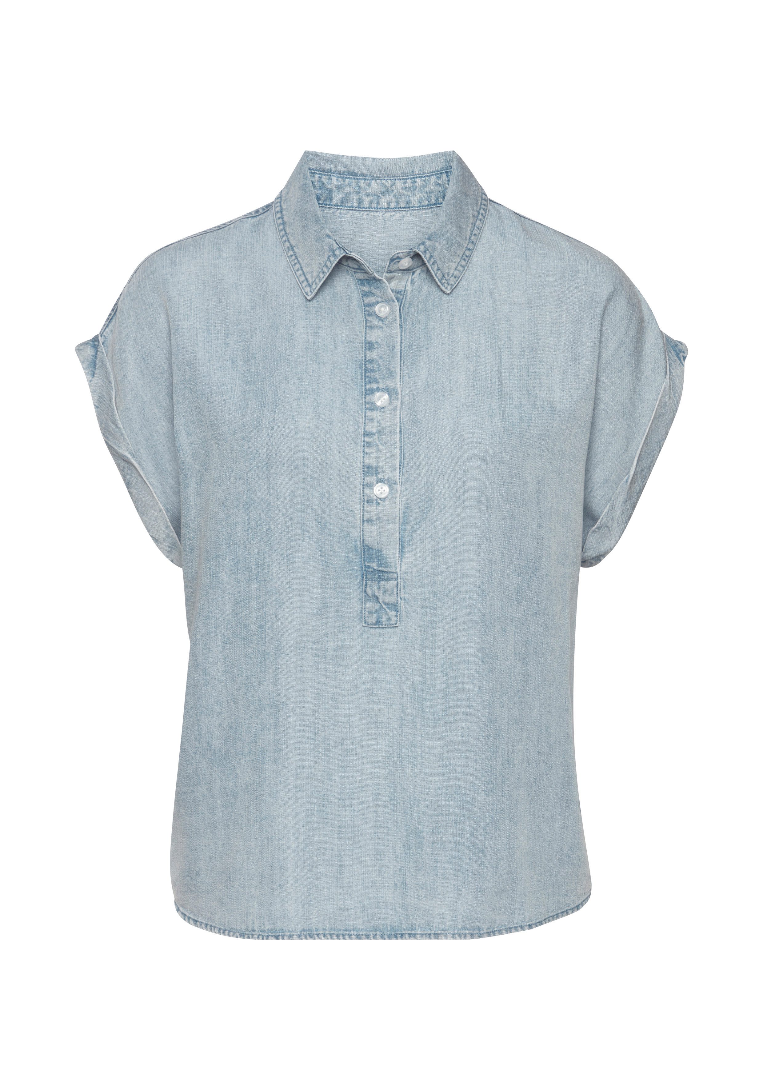 Vivance Kurzarmbluse aus leichter Lyocellware mit kurzer Knopfleiste und Ärmelaufschlag Bluse aus Jeansware, kurzärmlige Sommerbluse, leichte Jeansbluse. € 39,99