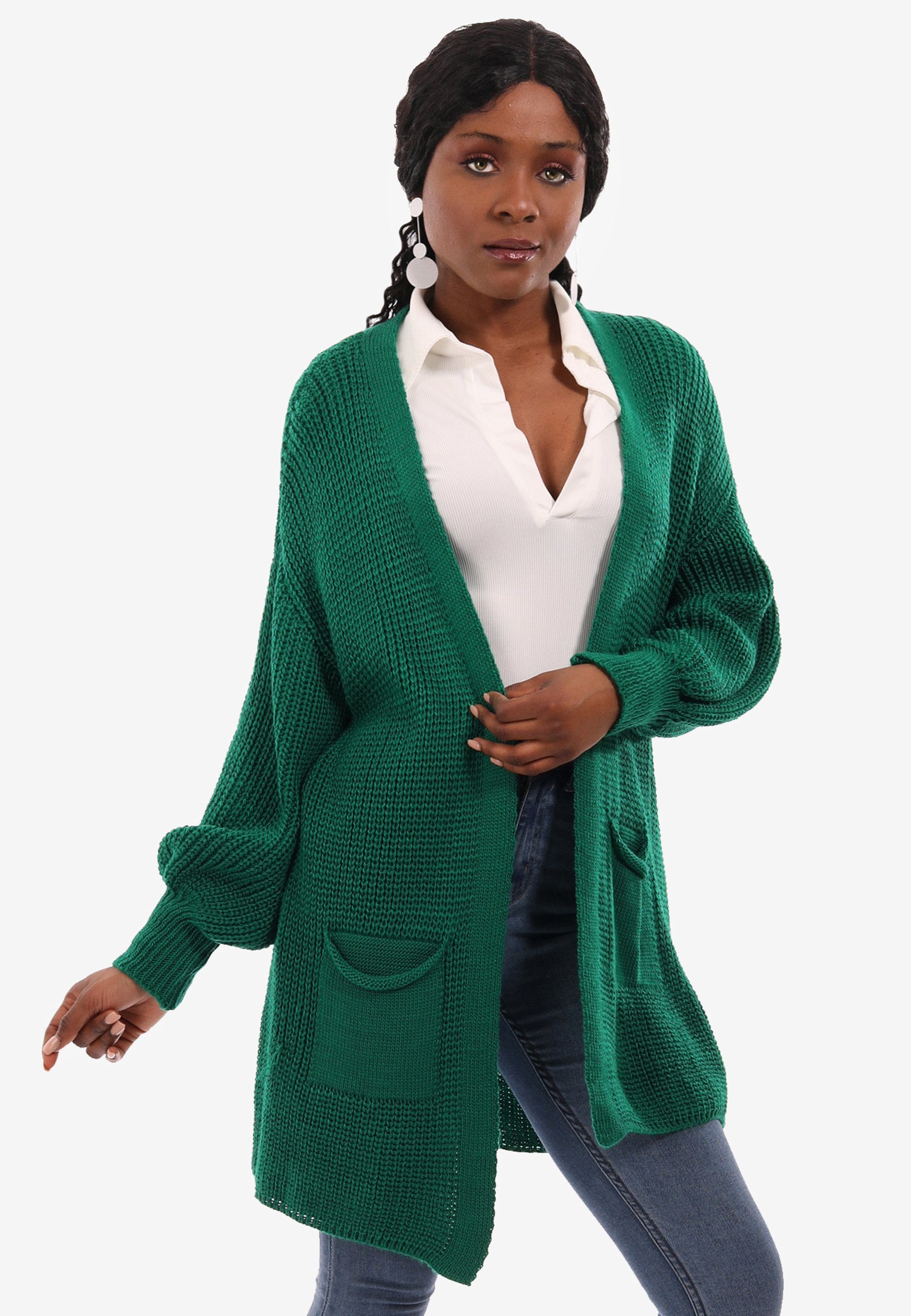 YC Fashion & Style Cardigan One Size Strick-Cardigan mit Taschen in Unifarbe, mit aufgesetzten Taschen grün