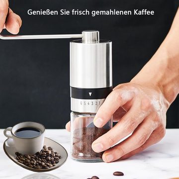 HYZULU Kaffeemühle Manuelle, 6 Verstellbarer Mahlgrad, Edelstahl und Glas,6-teilig, 15,00 g Bohnenbehälter, inkl. Siebträgeradapter und Reinigungspinsel